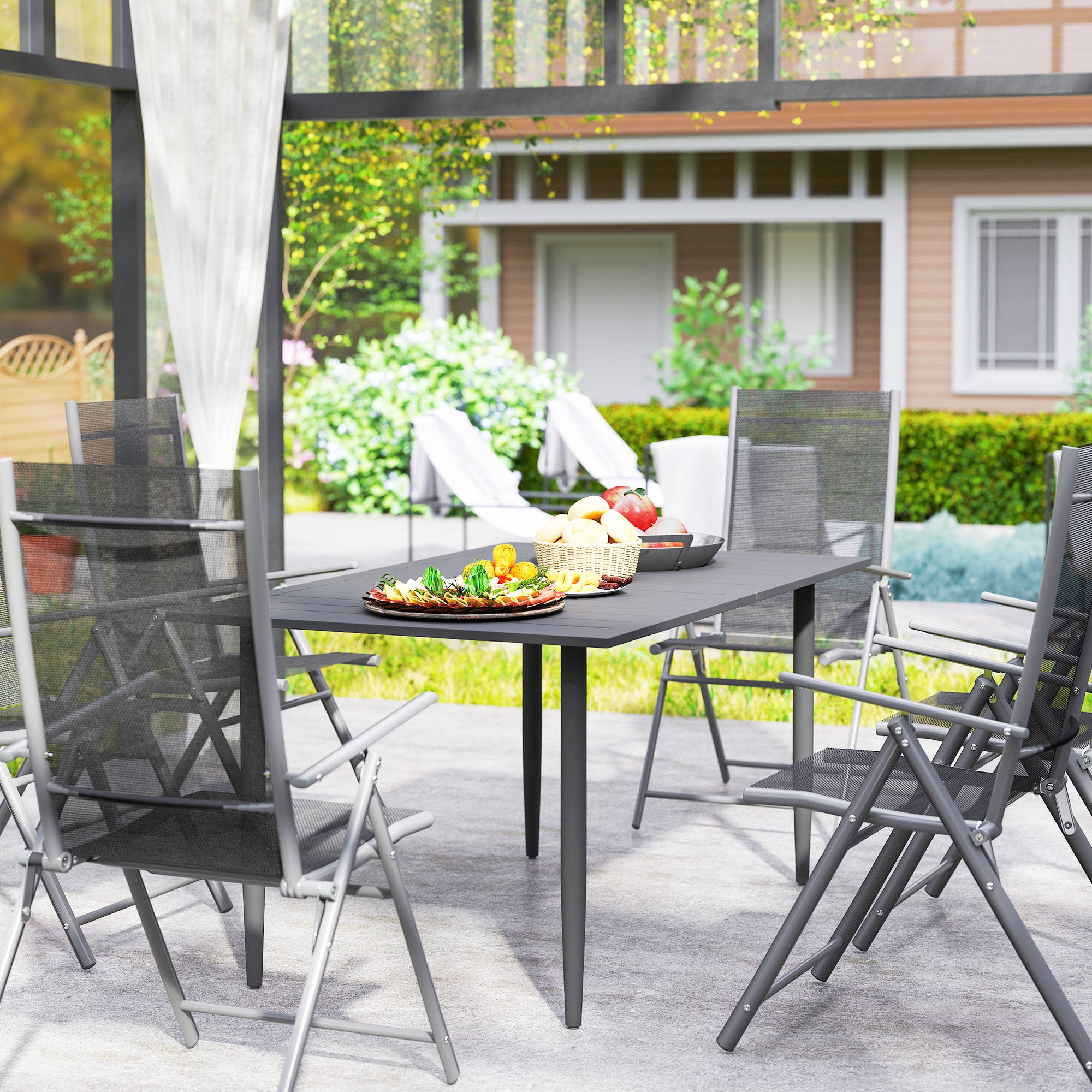 Garden Table 150x90cm, Weatherproof Steel Balcony Table, Balcony Table with Umbrella Hole Slat Design Outdoor Camping Table Side Table, Rectangular Patio Table for Garden Balcony Black