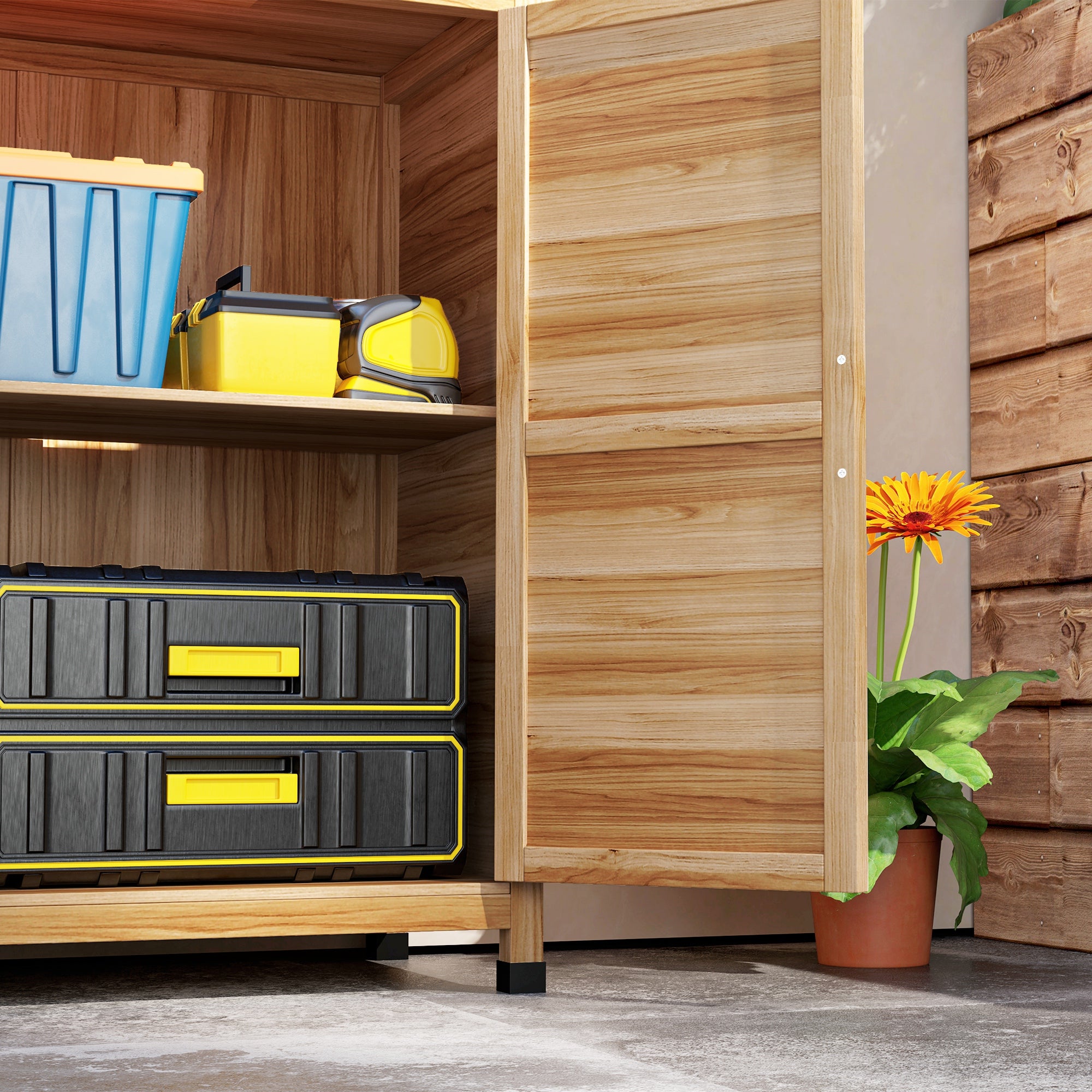 Outdoor Cabinet with Internal Shelf and Upper Workbench, Garden Cabinet in Fir Wood and Galvanized Steel, 79x43x92 cm, Wood Color