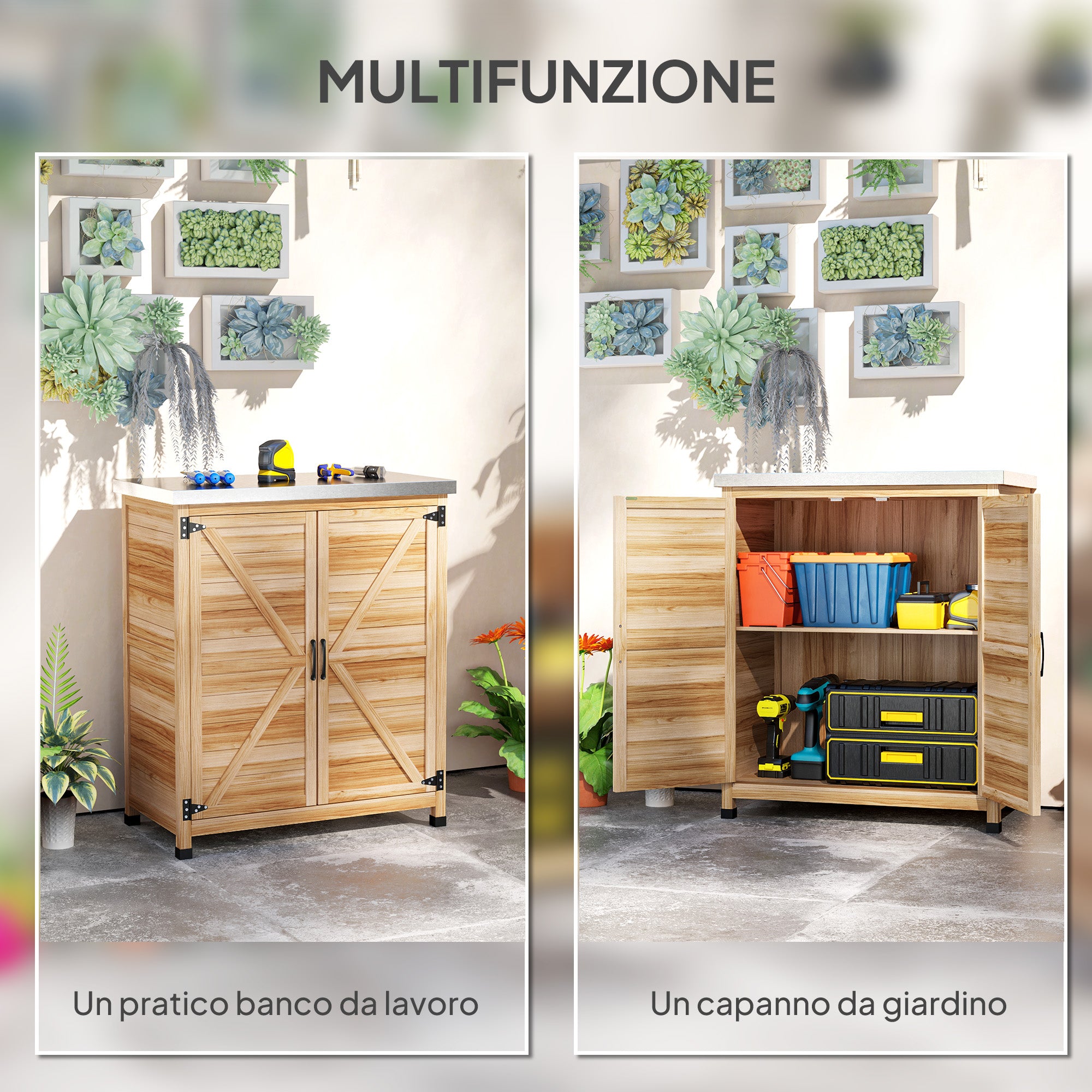 Outdoor Cabinet with Internal Shelf and Upper Workbench, Garden Cabinet in Fir Wood and Galvanized Steel, 79x43x92 cm, Wood Color