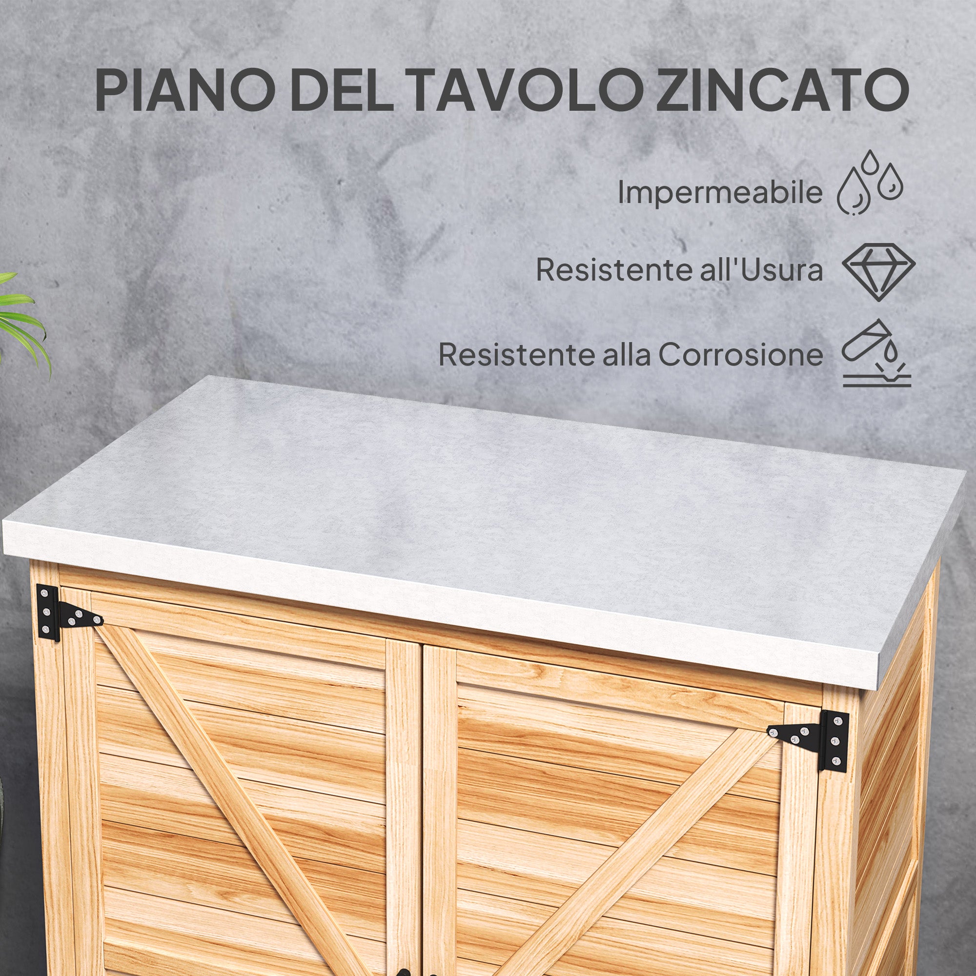Outdoor Cabinet with Internal Shelf and Upper Workbench, Garden Cabinet in Fir Wood and Galvanized Steel, 79x43x92 cm, Wood Color