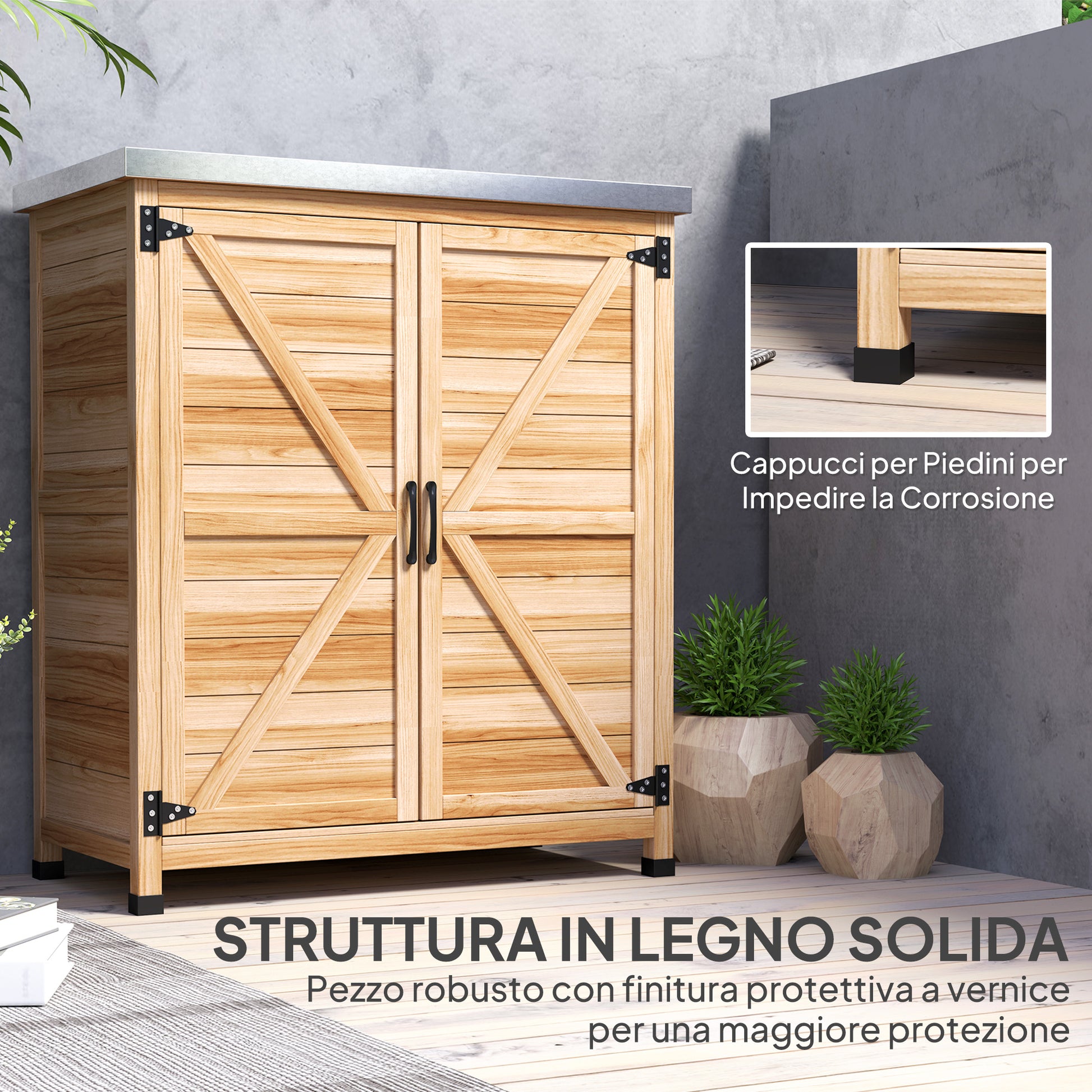 Outdoor Cabinet with Internal Shelf and Upper Workbench, Garden Cabinet in Fir Wood and Galvanized Steel, 79x43x92 cm, Wood Color