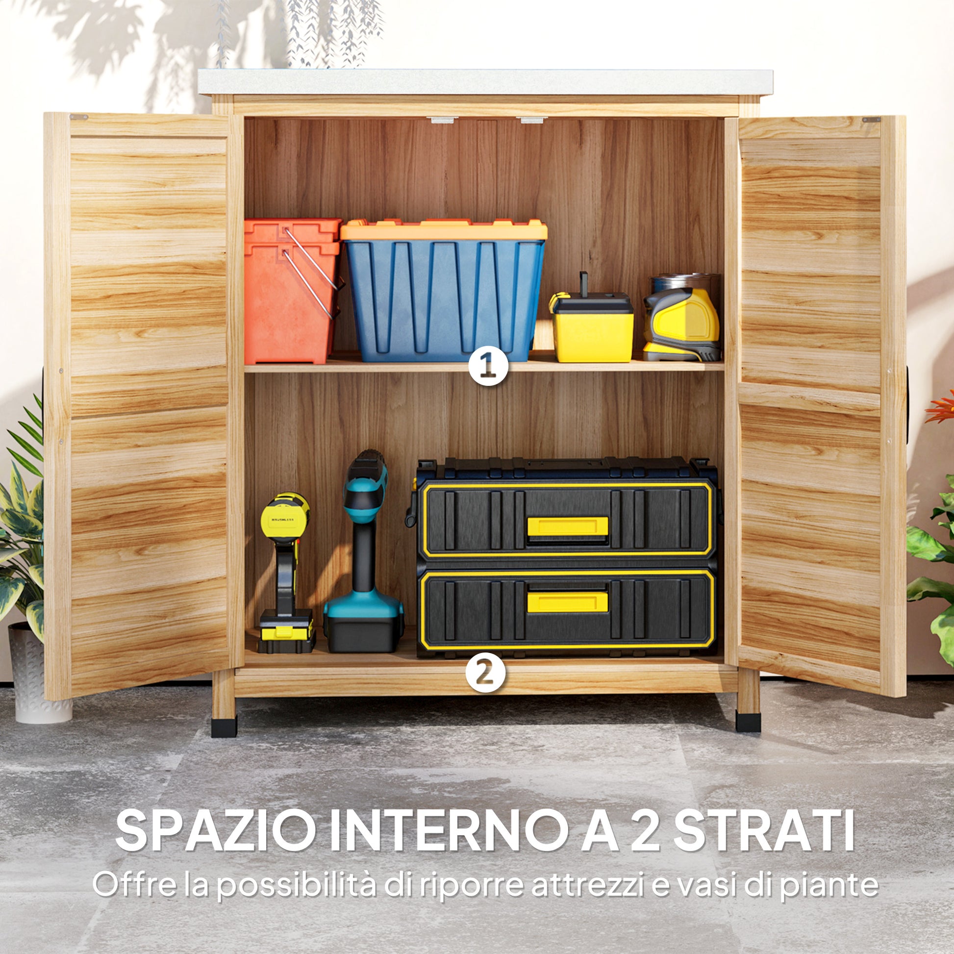 Outdoor Cabinet with Internal Shelf and Upper Workbench, Garden Cabinet in Fir Wood and Galvanized Steel, 79x43x92 cm, Wood Color