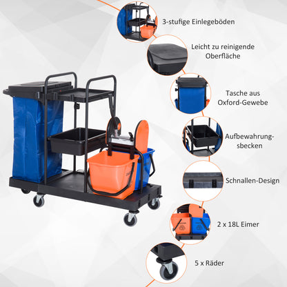 Cleaning Trolley Cleaning Trolley Mop Trolley with 4 smooth-rolling wheels Black+Blue+Orange 111 × 63.3 × 103 cm