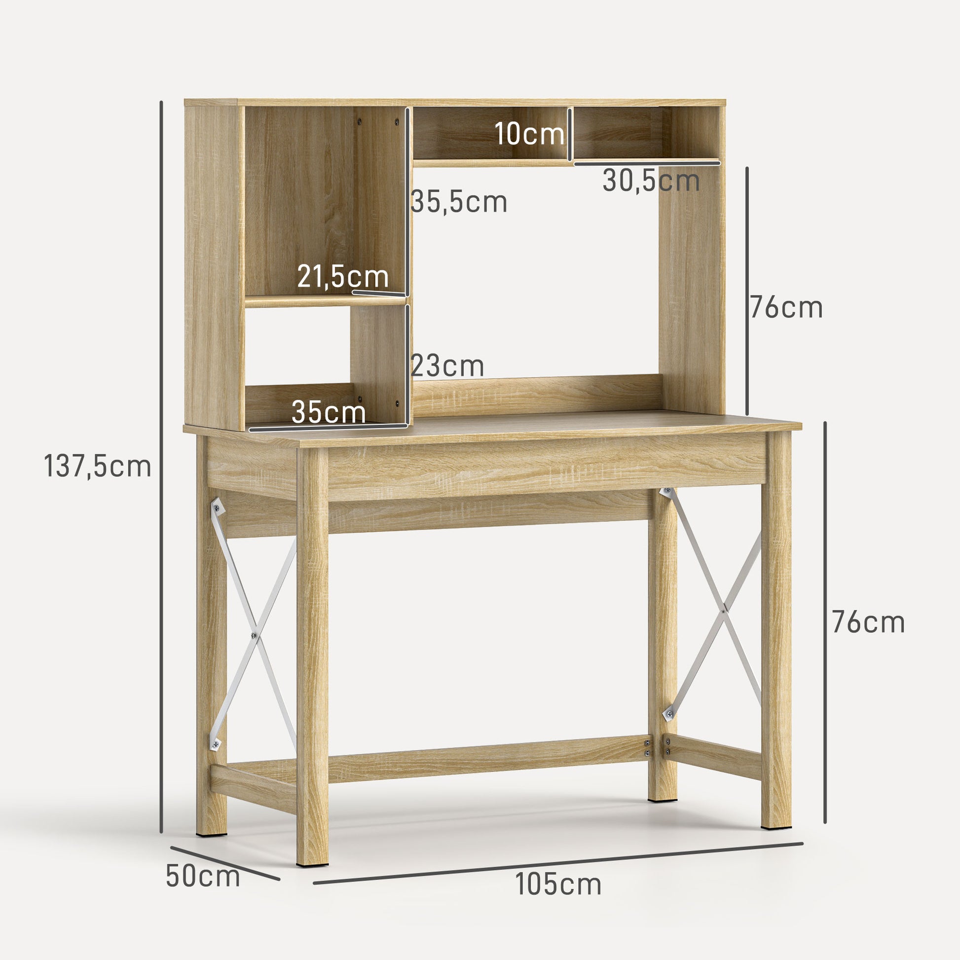 Desk with Storage Bookshelf Modern Wooden Desk with Shelves and Large Desktop for Small Spaces Home Office Bedroom, 105 x 50 x 137.5 cm, Oak Finish