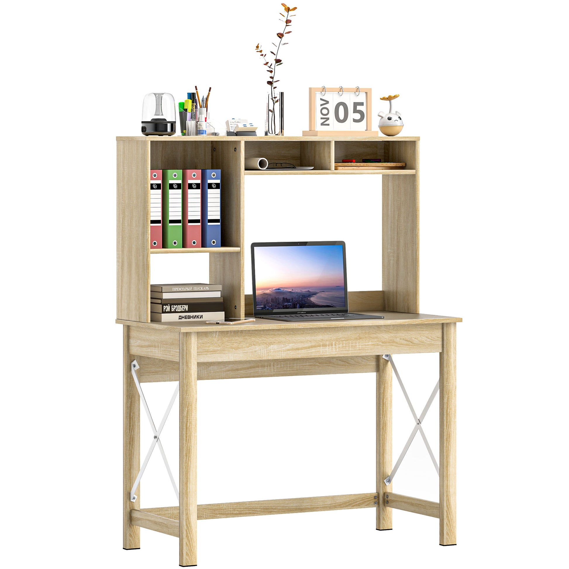 Desk with Storage Bookshelf Modern Wooden Desk with Shelves and Large Desktop for Small Spaces Home Office Bedroom, 105 x 50 x 137.5 cm, Oak Finish
