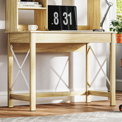 Desk with Storage Bookshelf Modern Wooden Desk with Shelves and Large Desktop for Small Spaces Home Office Bedroom, 105 x 50 x 137.5 cm, Oak Finish