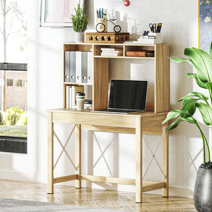 Desk with Storage Bookshelf Modern Wooden Desk with Shelves and Large Desktop for Small Spaces Home Office Bedroom, 105 x 50 x 137.5 cm, Oak Finish