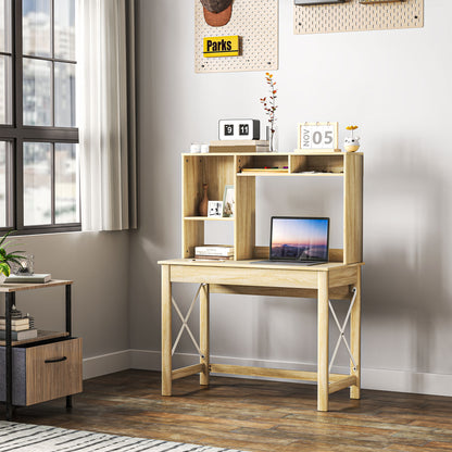 Desk with Storage Bookshelf Modern Wooden Desk with Shelves and Large Desktop for Small Spaces Home Office Bedroom, 105 x 50 x 137.5 cm, Oak Finish