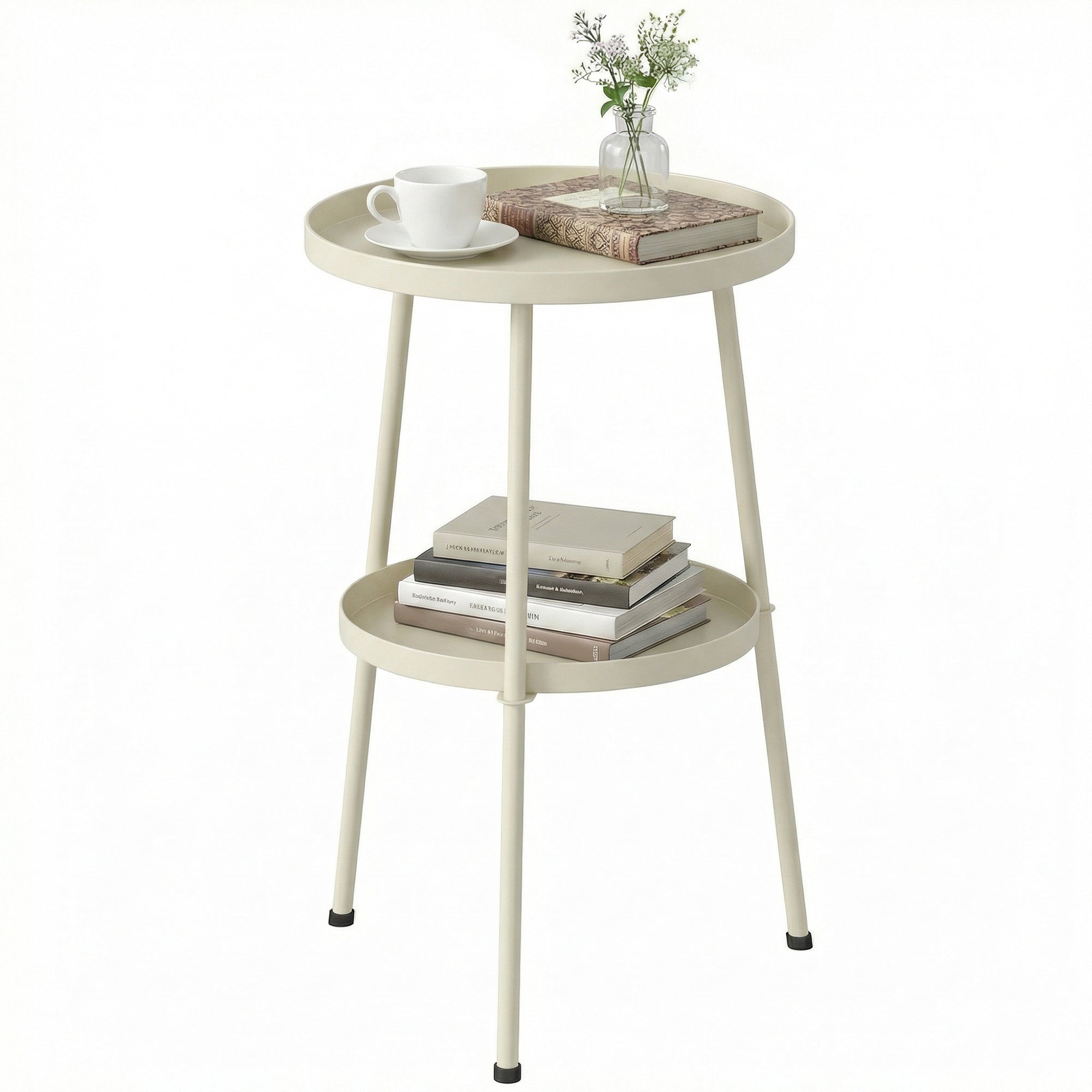 Round Patio Side Table Ø36 cm (14.2 in) – Metal Balcony & Camping Table, Cream White