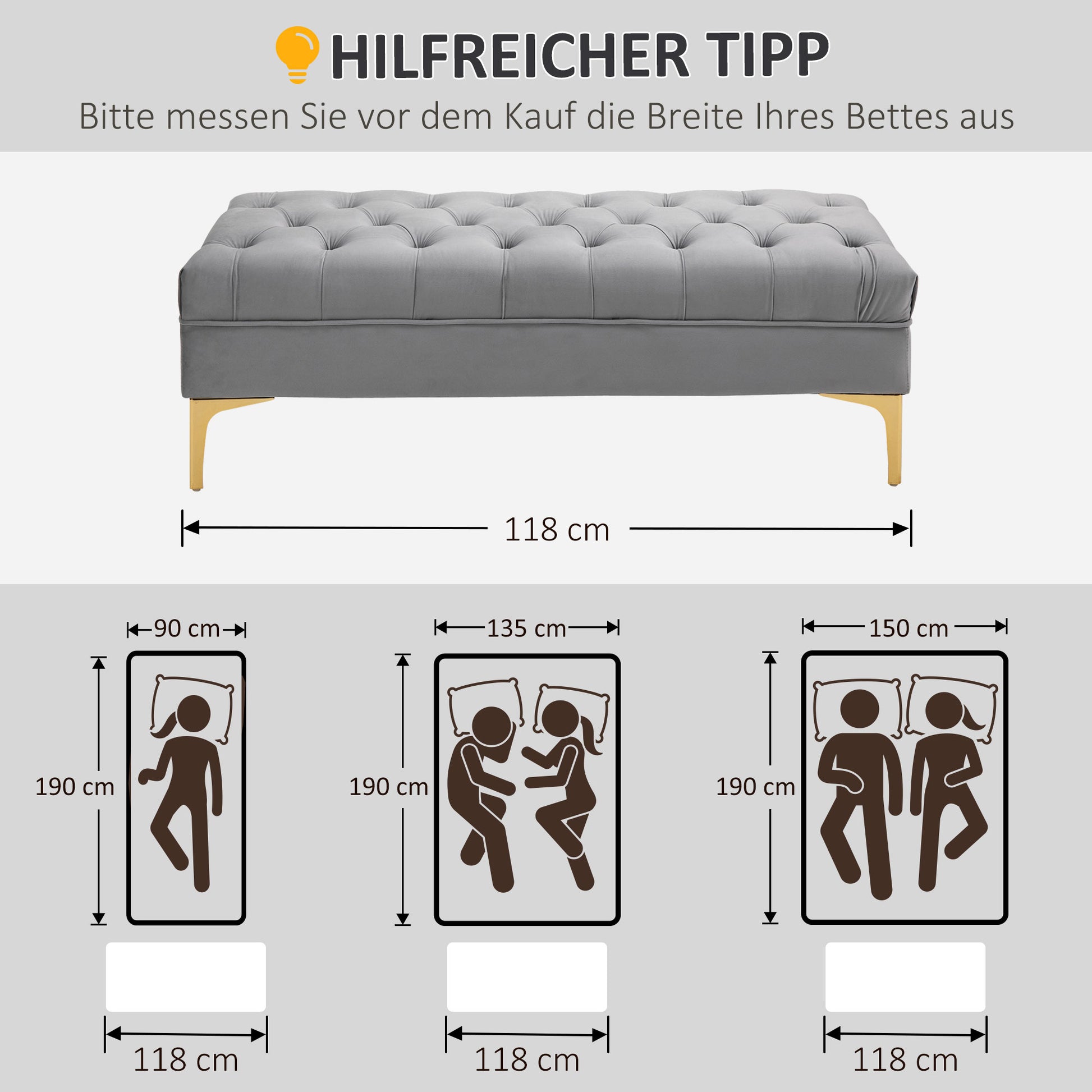 Bench, Bed Bench, Shoe Bench with Raised Legs, Bedroom, Velvet Light Grey 118 x 45 x 42 cm