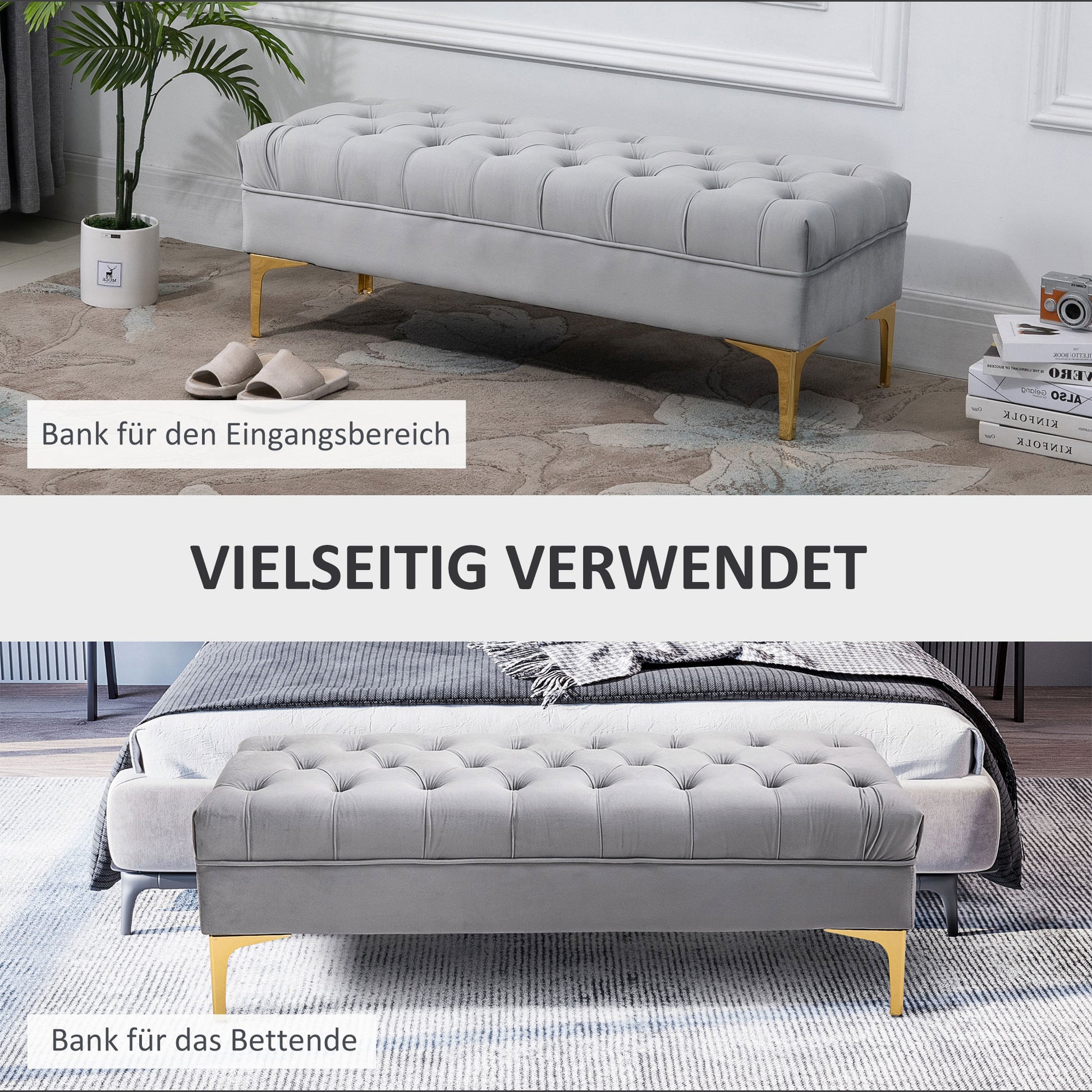 Bench, Bed Bench, Shoe Bench with Raised Legs, Bedroom, Velvet Light Grey 118 x 45 x 42 cm