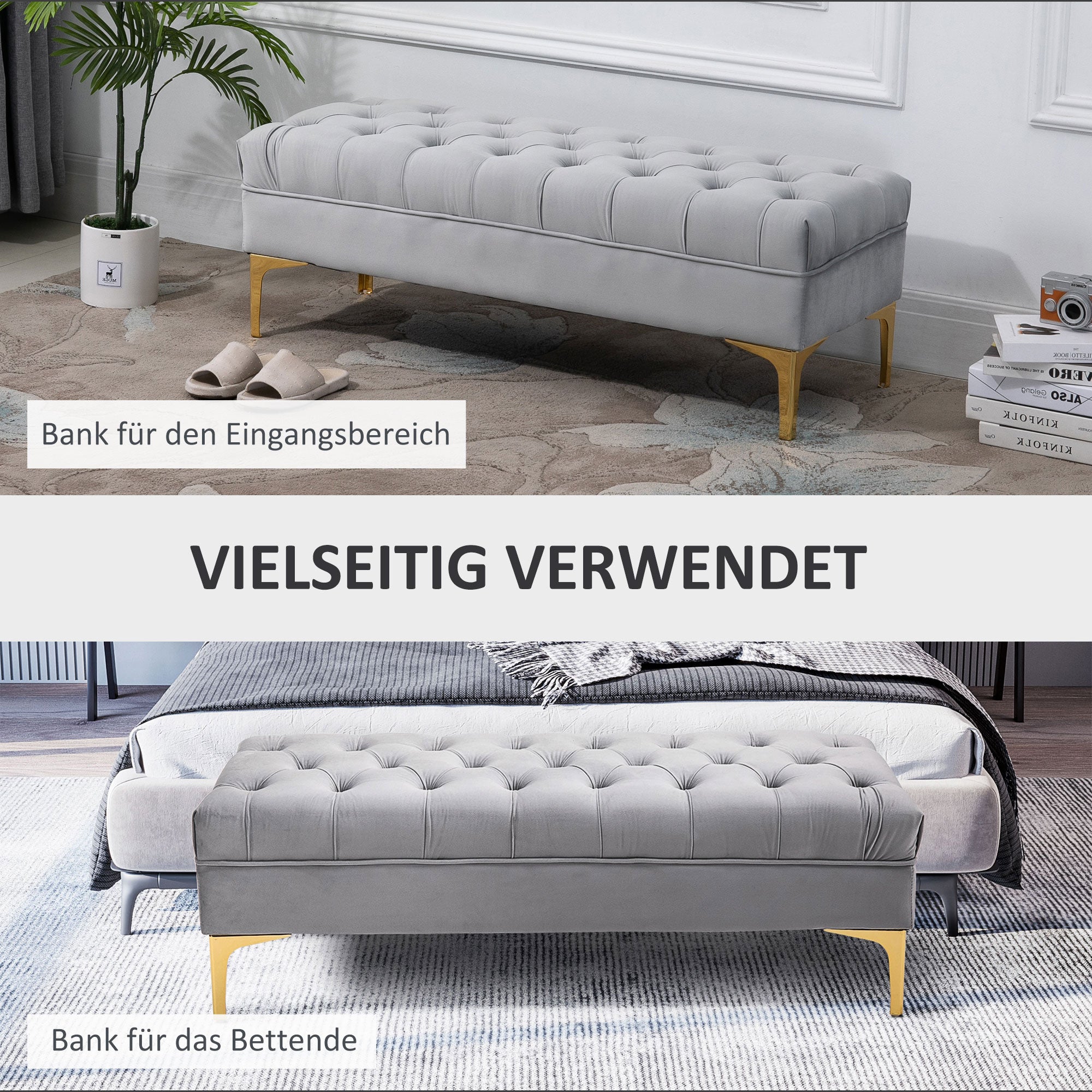 Bench, Bed Bench, Shoe Bench with Raised Legs, Bedroom, Velvet Light Grey 118 x 45 x 42 cm