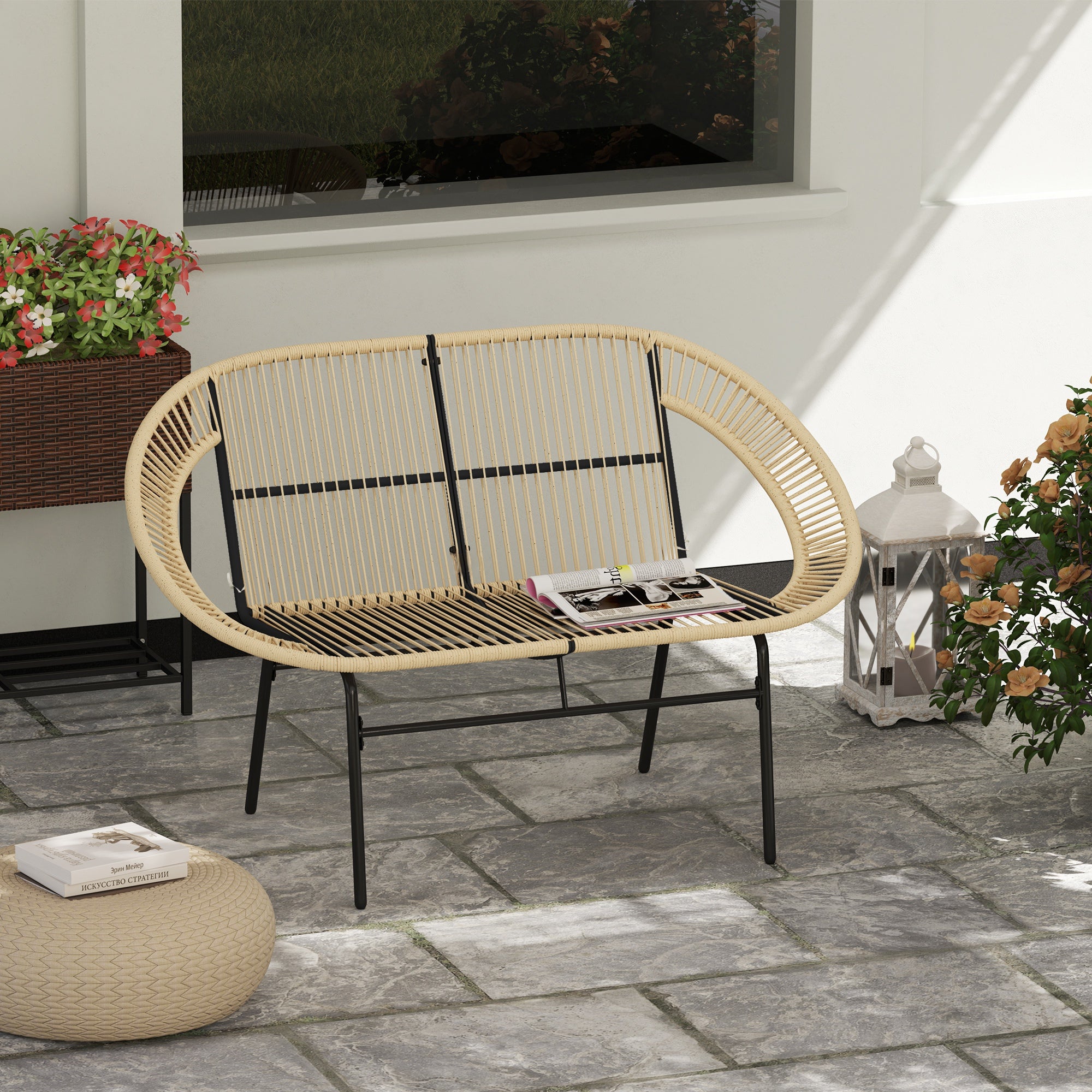 2-Seater Garden Bench Poly Rattan, Weatherproof Bench in Rattan Weave Design, UV-Resistant Garden Furniture with Backrests, Park Bench 260kg Load Capacity, for Balcony Terrace, Garden 126x72x83cm, Khaki