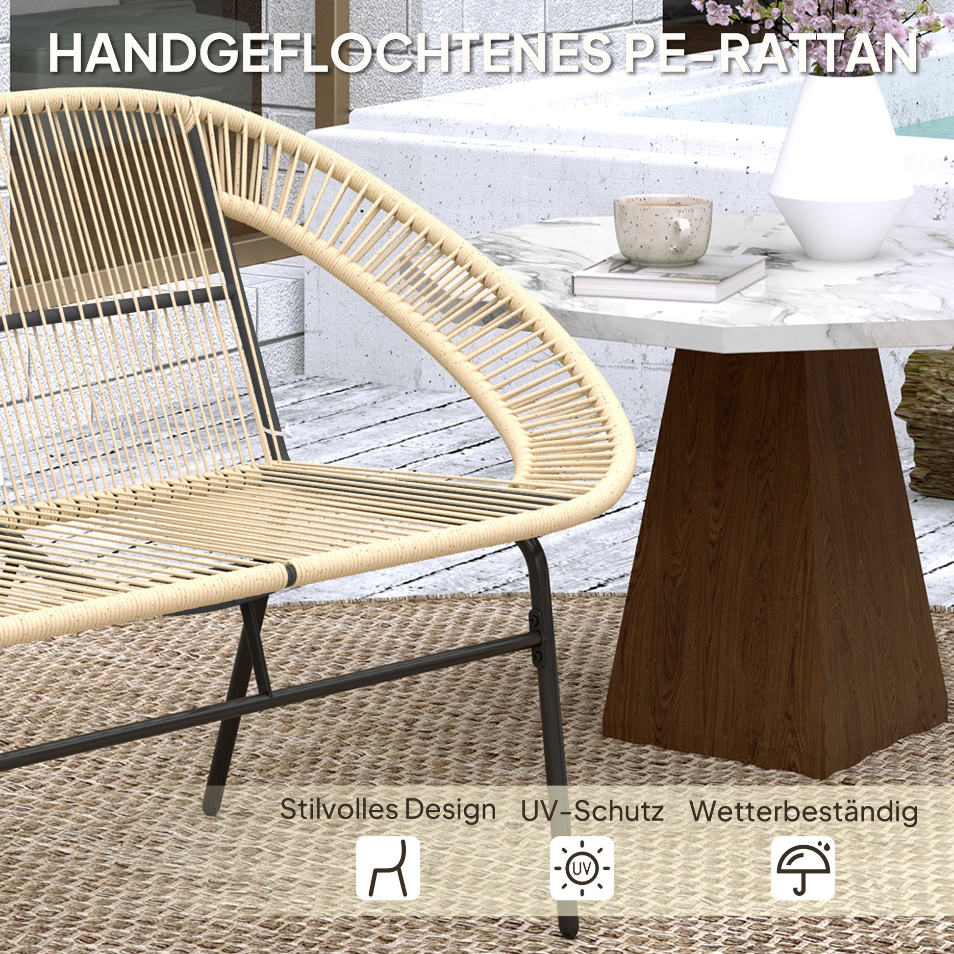 2-Seater Garden Bench Poly Rattan, Weatherproof Bench in Rattan Weave Design, UV-Resistant Garden Furniture with Backrests, Park Bench 260kg Load Capacity, for Balcony Terrace, Garden 126x72x83cm, Khaki
