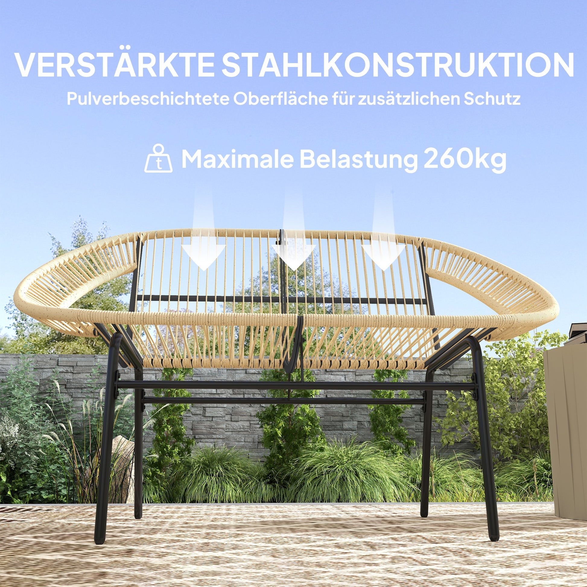 2-Seater Garden Bench Poly Rattan, Weatherproof Bench in Rattan Weave Design, UV-Resistant Garden Furniture with Backrests, Park Bench 260kg Load Capacity, for Balcony Terrace, Garden 126x72x83cm, Khaki