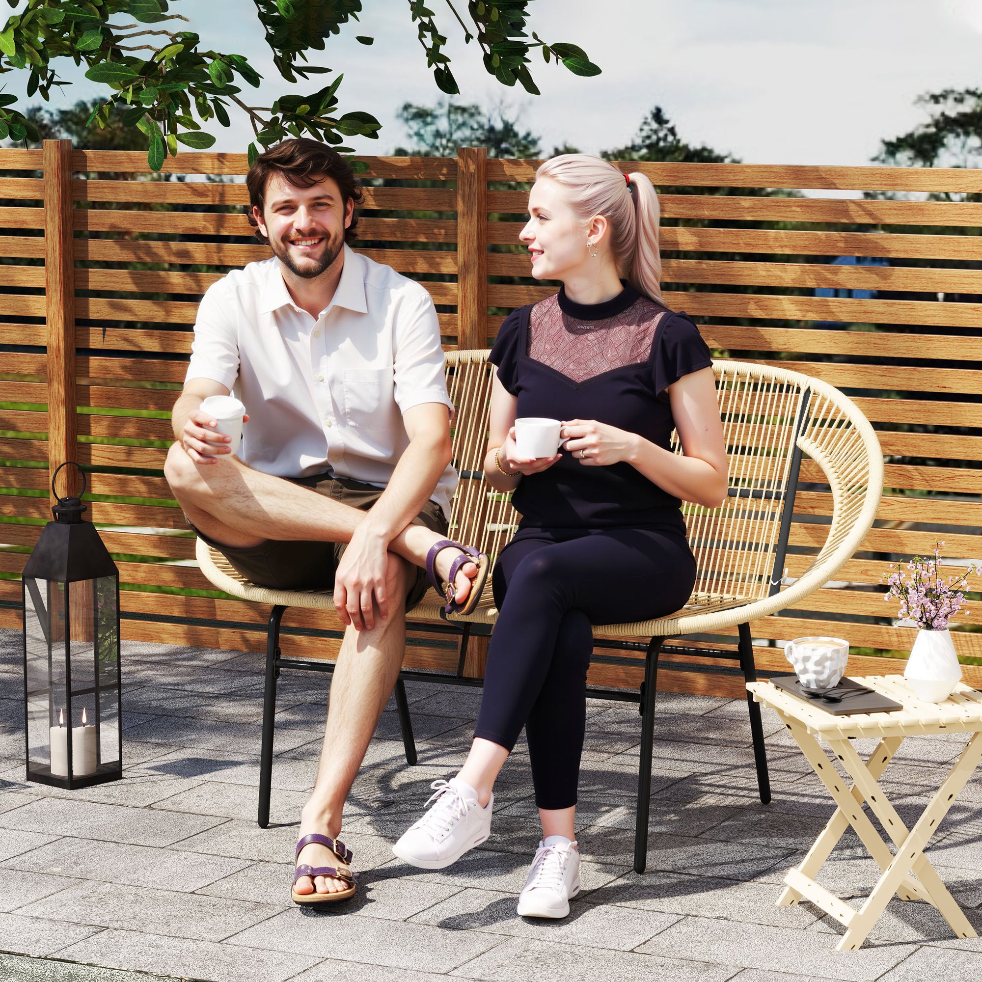 2-Seater Garden Bench Poly Rattan, Weatherproof Bench in Rattan Weave Design, UV-Resistant Garden Furniture with Backrests, Park Bench 260kg Load Capacity, for Balcony Terrace, Garden 126x72x83cm, Khaki