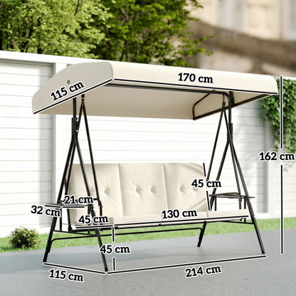 3-Seater Garden Swing — Adjustable Canopy, 2 Side Tables & Cushions, Steel/Polyester, Cream