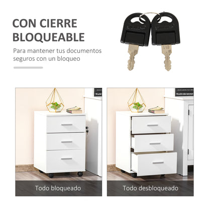 Office Drawer with Key and Wheels Desk Drawer with 3 Drawers Lock File Cabinet Modern for Office and Home 40x40x61.5 cm White