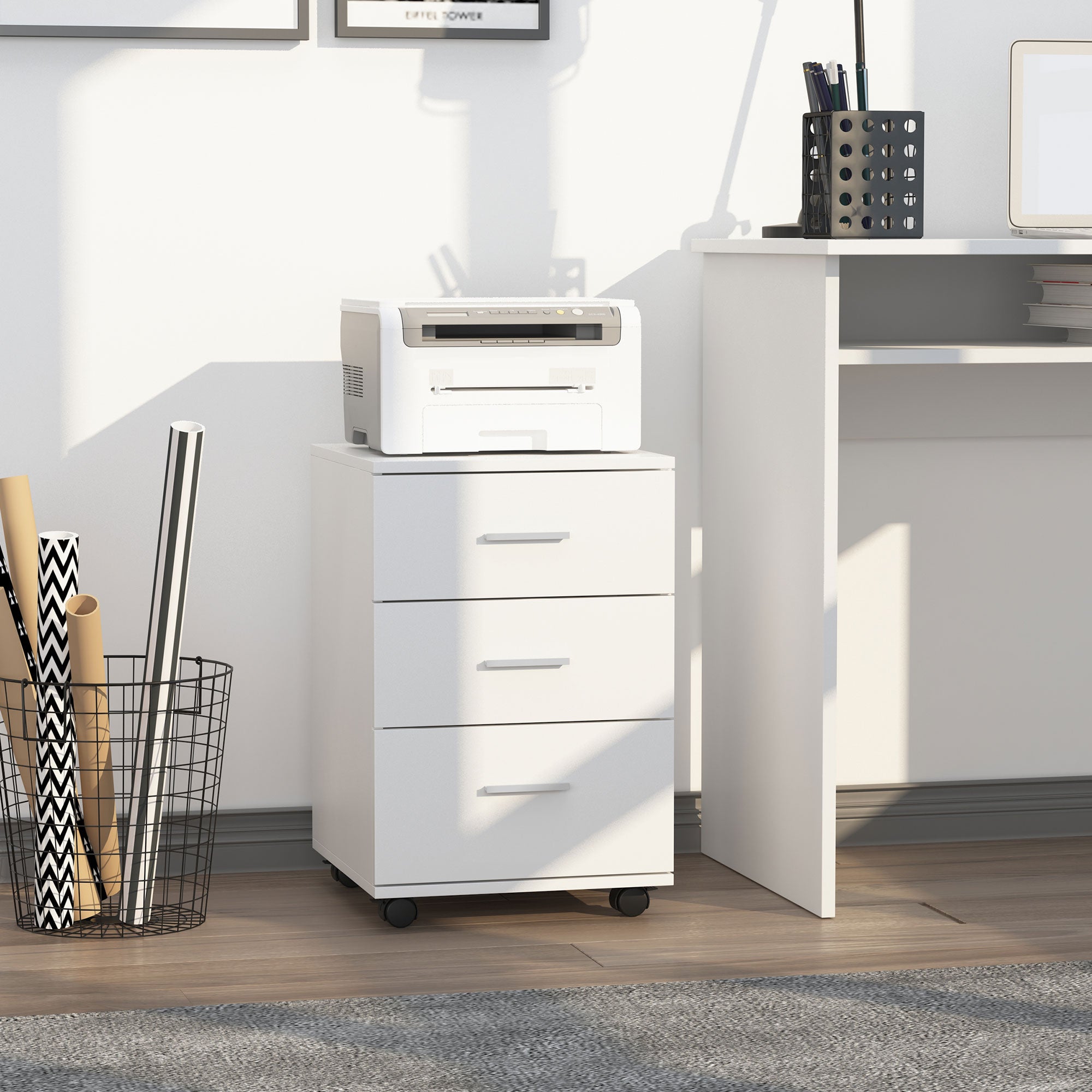 Office Drawer with Key and Wheels Desk Drawer with 3 Drawers Lock File Cabinet Modern for Office and Home 40x40x61.5 cm White