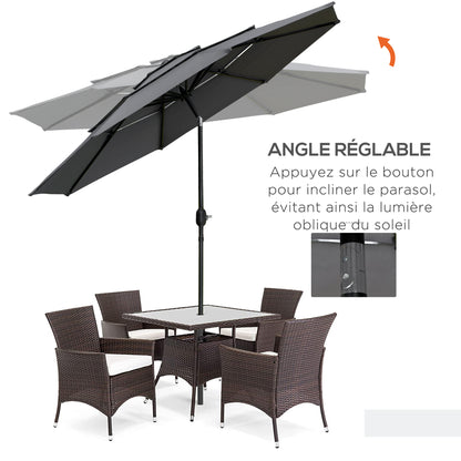 Outdoor Garden Parasol Round Tilted Umbrella Ø 2.85 x 2.5 m with Crank Opening, 2 Vents, 180 g/m² Anti-UV Protection, Balcony Parasol, Terrace, Gray