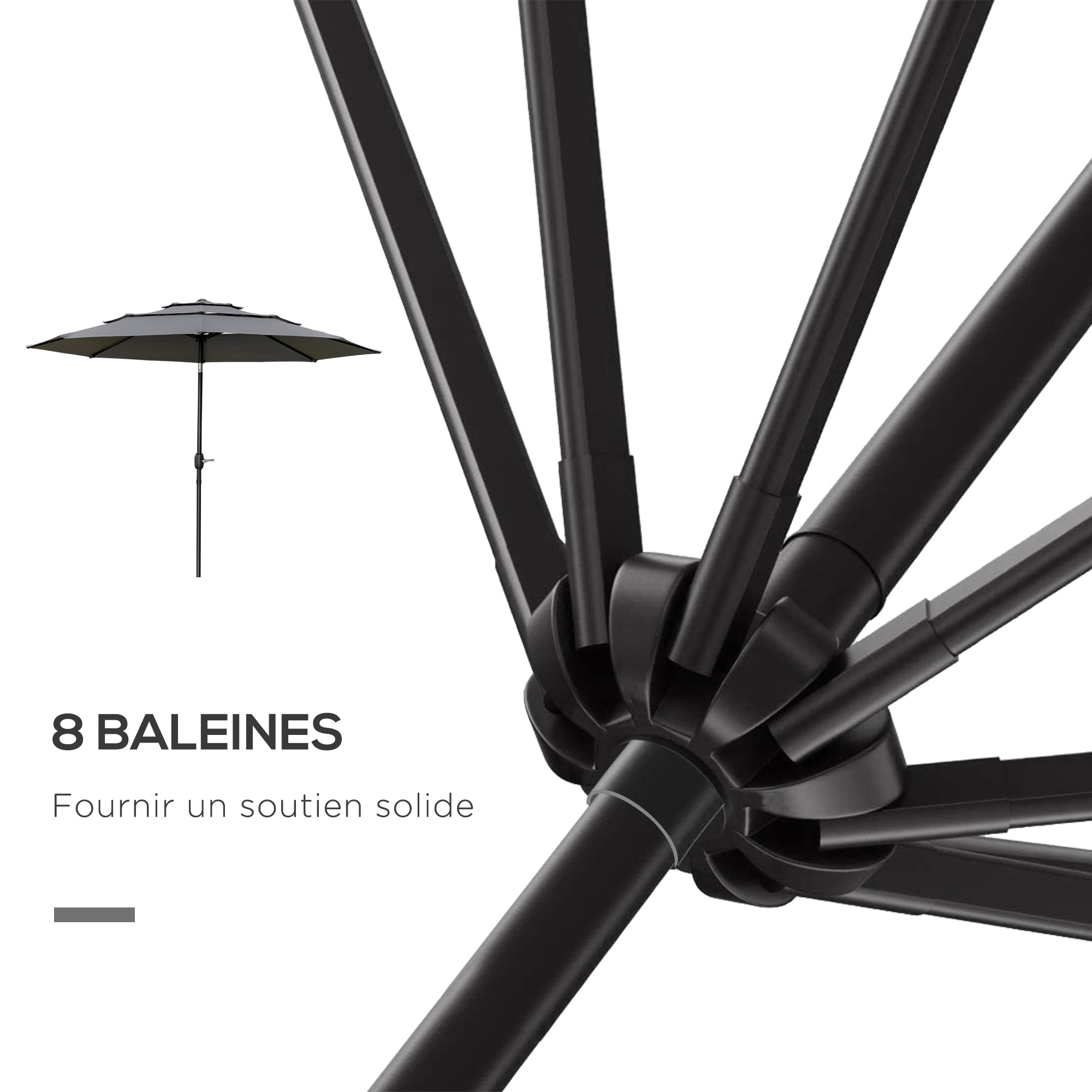 Outdoor Garden Parasol Round Tilted Umbrella Ø 2.85 x 2.5 m with Crank Opening, 2 Vents, 180 g/m² Anti-UV Protection, Balcony Parasol, Terrace, Gray