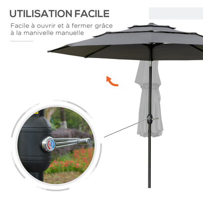 Outdoor Garden Parasol Round Tilted Umbrella Ø 2.85 x 2.5 m with Crank Opening, 2 Vents, 180 g/m² Anti-UV Protection, Balcony Parasol, Terrace, Gray