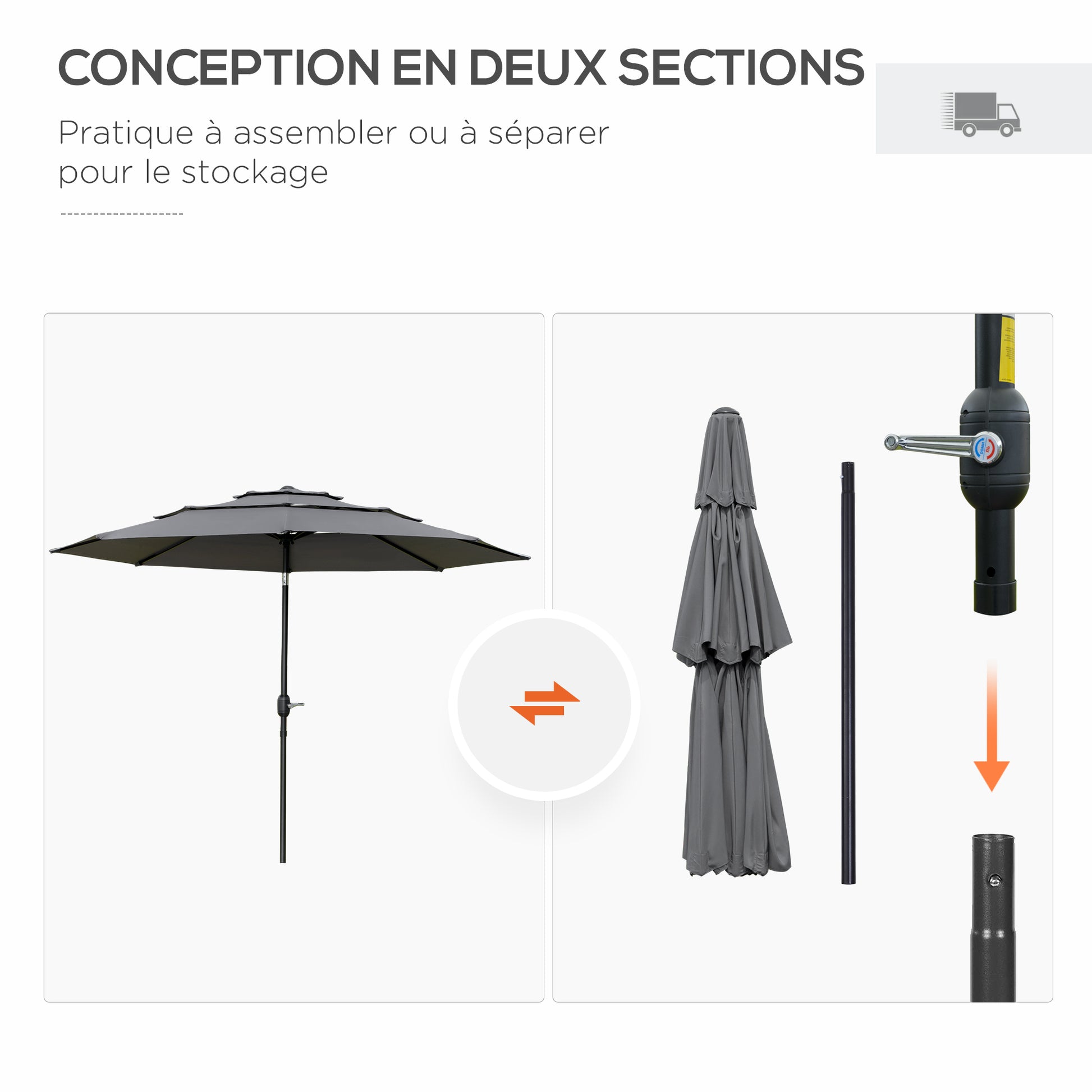 Outdoor Garden Parasol Round Tilted Umbrella Ø 2.85 x 2.5 m with Crank Opening, 2 Vents, 180 g/m² Anti-UV Protection, Balcony Parasol, Terrace, Gray