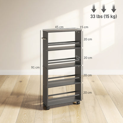 4-Tier Rolling Serving Cart with Handle and Brakes — Slim Utility Trolley for Kitchen, Office, Bathroom, Black