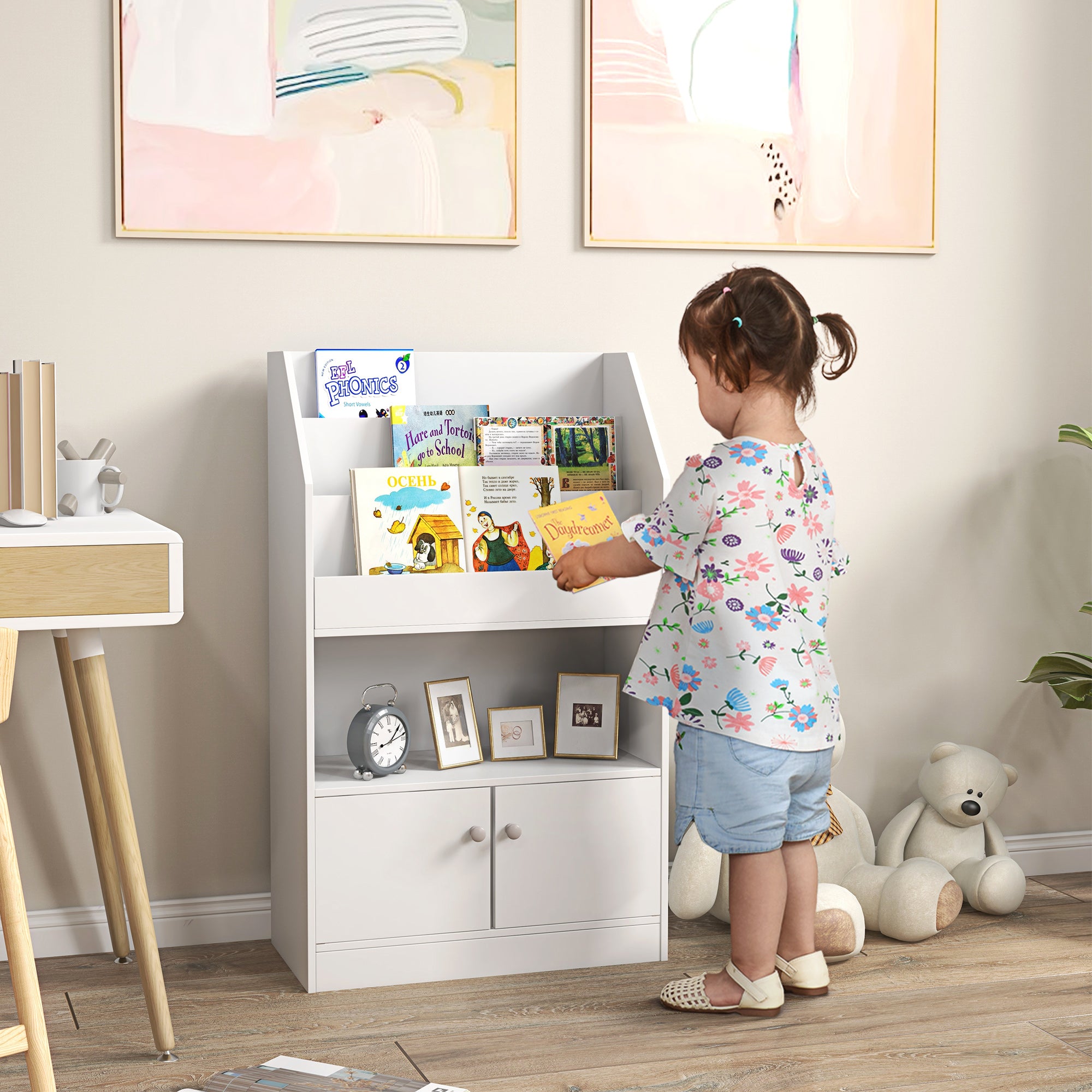 ZONEKIZ Wooden Children's Toy Shelf Bookcase, 2-Door Cabinet for Kids Modern Design for Kids' Room, 60x29.5x100cm, White