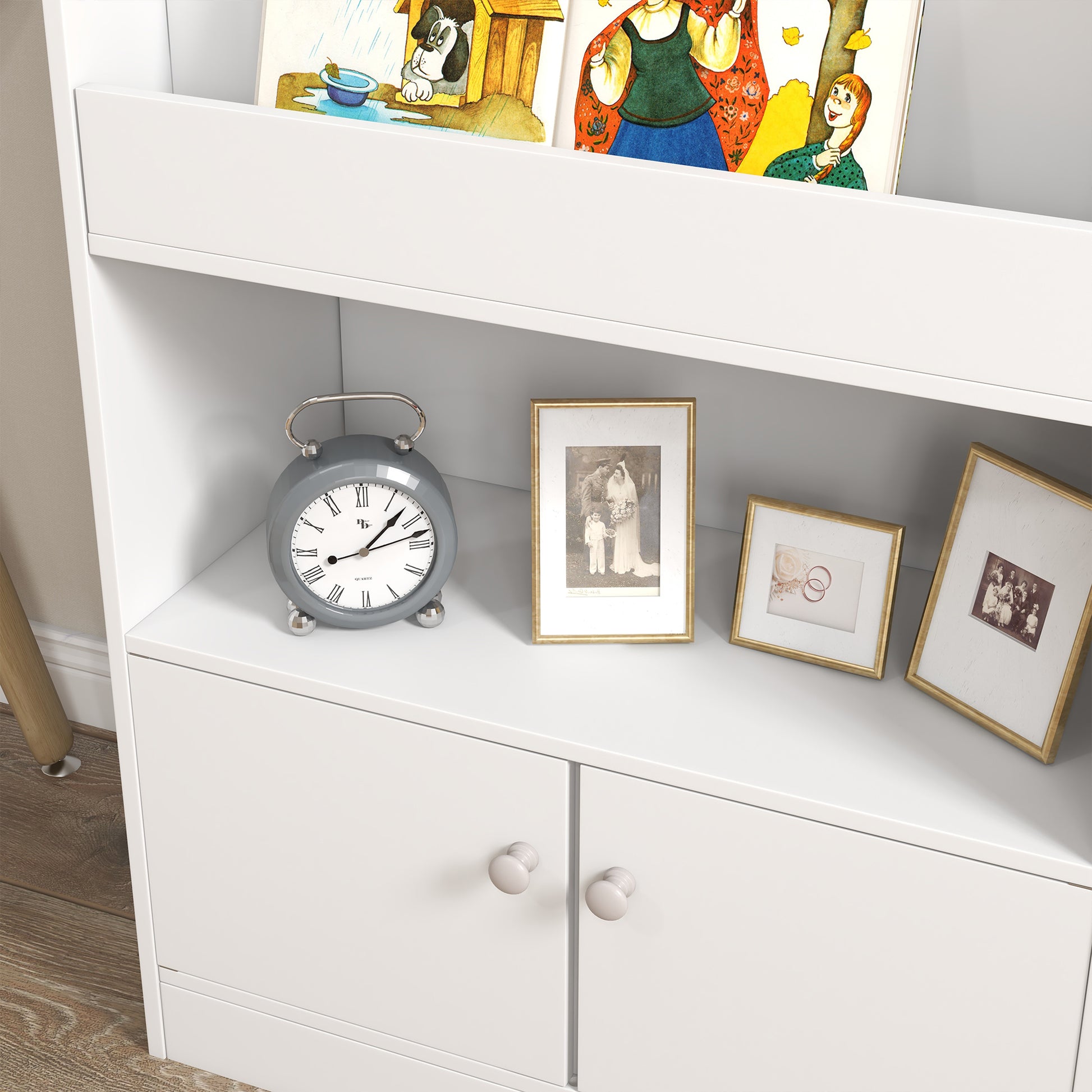 ZONEKIZ Wooden Children's Toy Shelf Bookcase, 2-Door Cabinet for Kids Modern Design for Kids' Room, 60x29.5x100cm, White