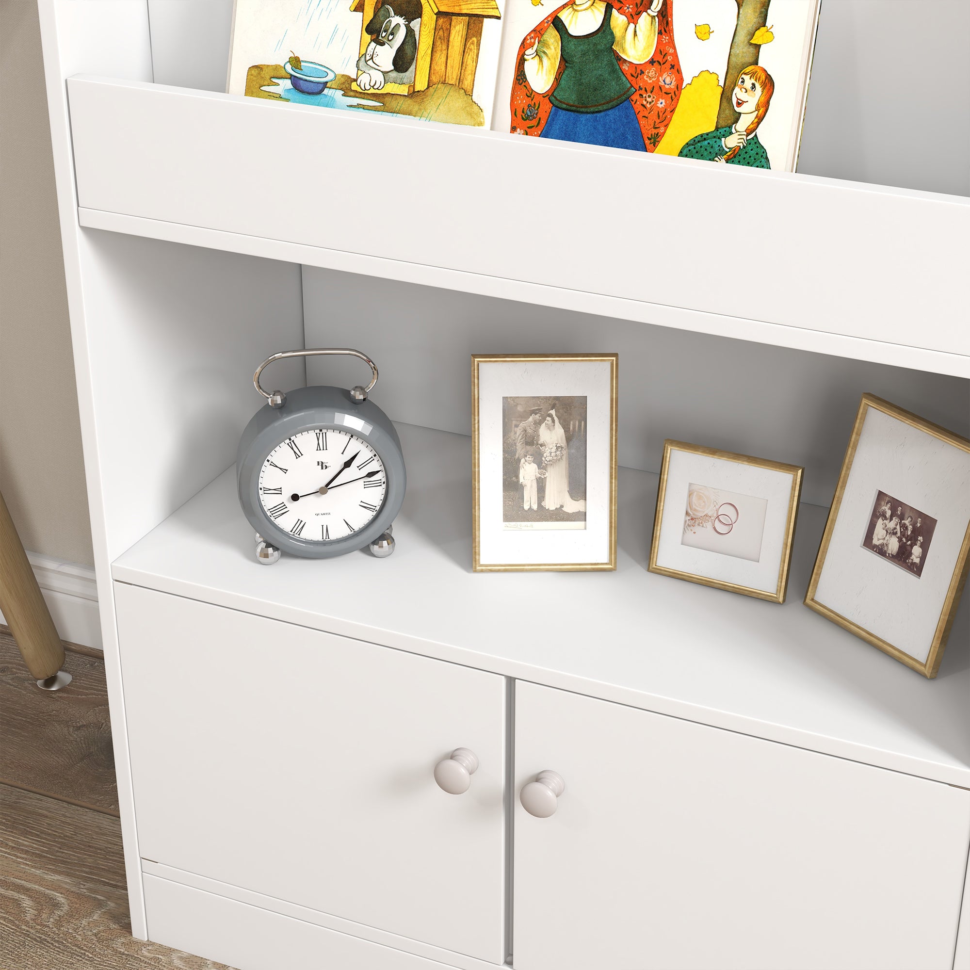 ZONEKIZ Wooden Children's Toy Shelf Bookcase, 2-Door Cabinet for Kids Modern Design for Kids' Room, 60x29.5x100cm, White