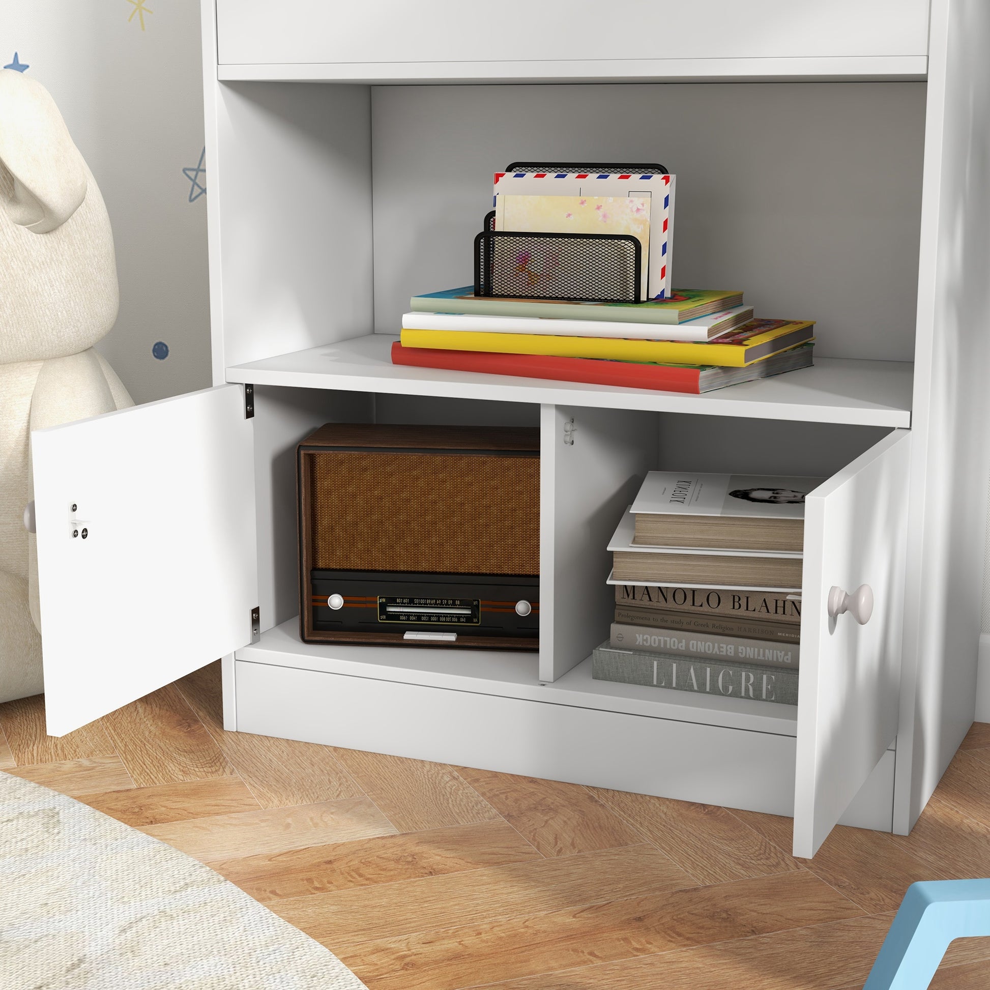 ZONEKIZ Wooden Children's Toy Shelf Bookcase, 2-Door Cabinet for Kids Modern Design for Kids' Room, 60x29.5x100cm, White