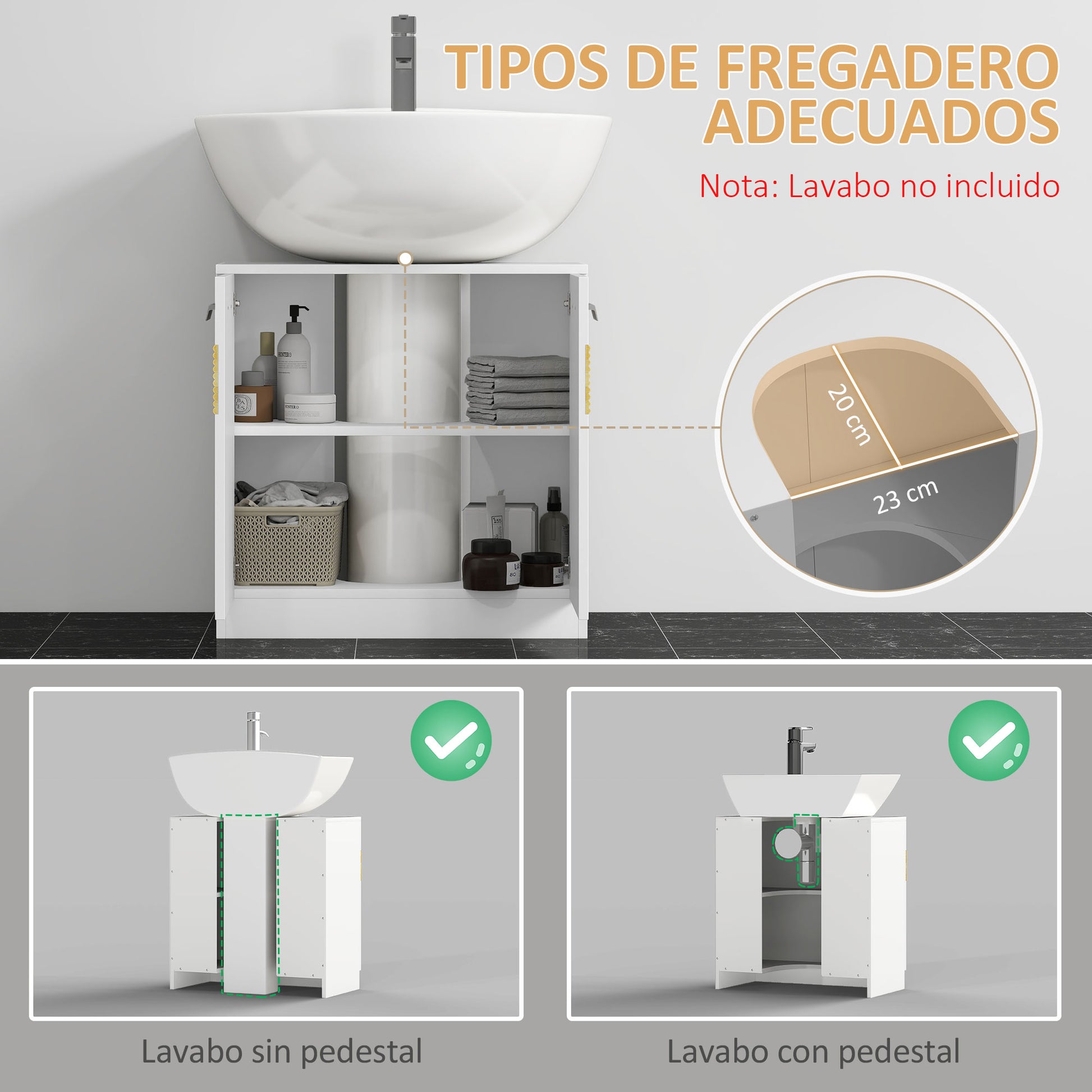 Under Sink Bathroom Cabinet Floor Standing Wooden Unit with 2 Doors and Interior Shelf Modern Style 60x30x60.5 cm White