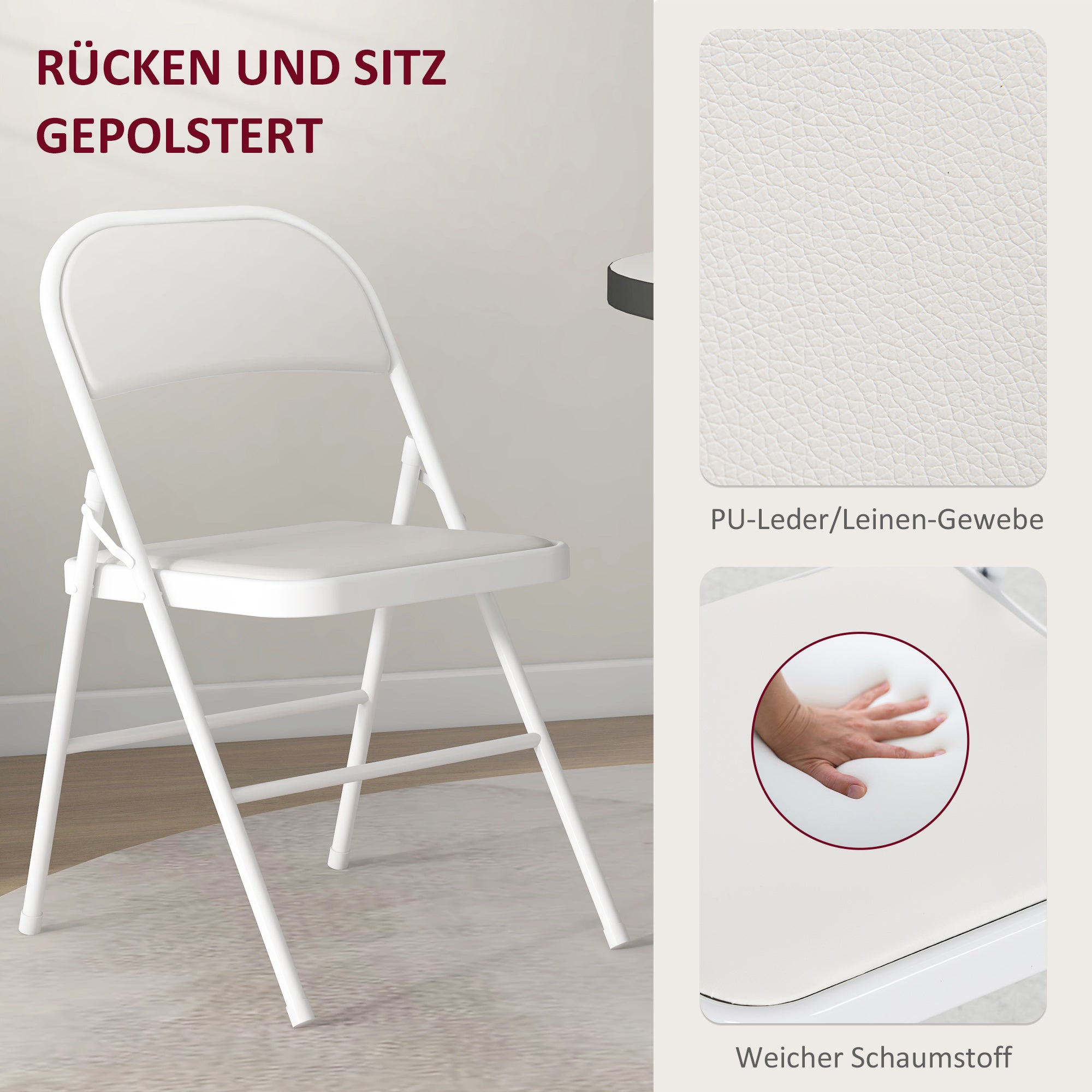 4-Piece Folding Chairs, Portable Office Chair with Cushion, Faux Leather, Steel Legs, Foldable Chair for Office Reception Waiting Room, White