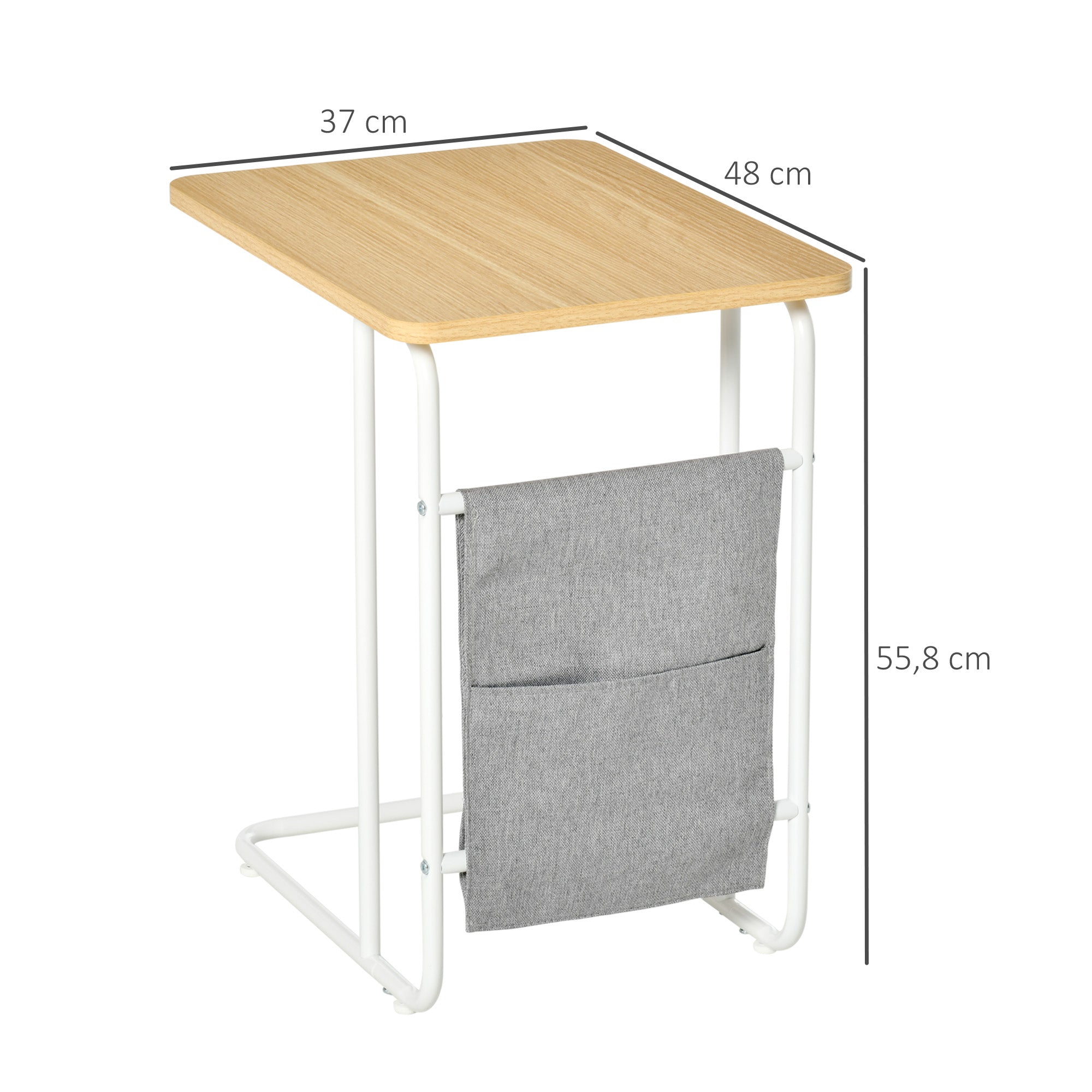 C-Shaped Sofa Side Table with Removable Storage Bag, End Table for Living Room Bedroom Office, 37x48x55.8 cm Oak and White