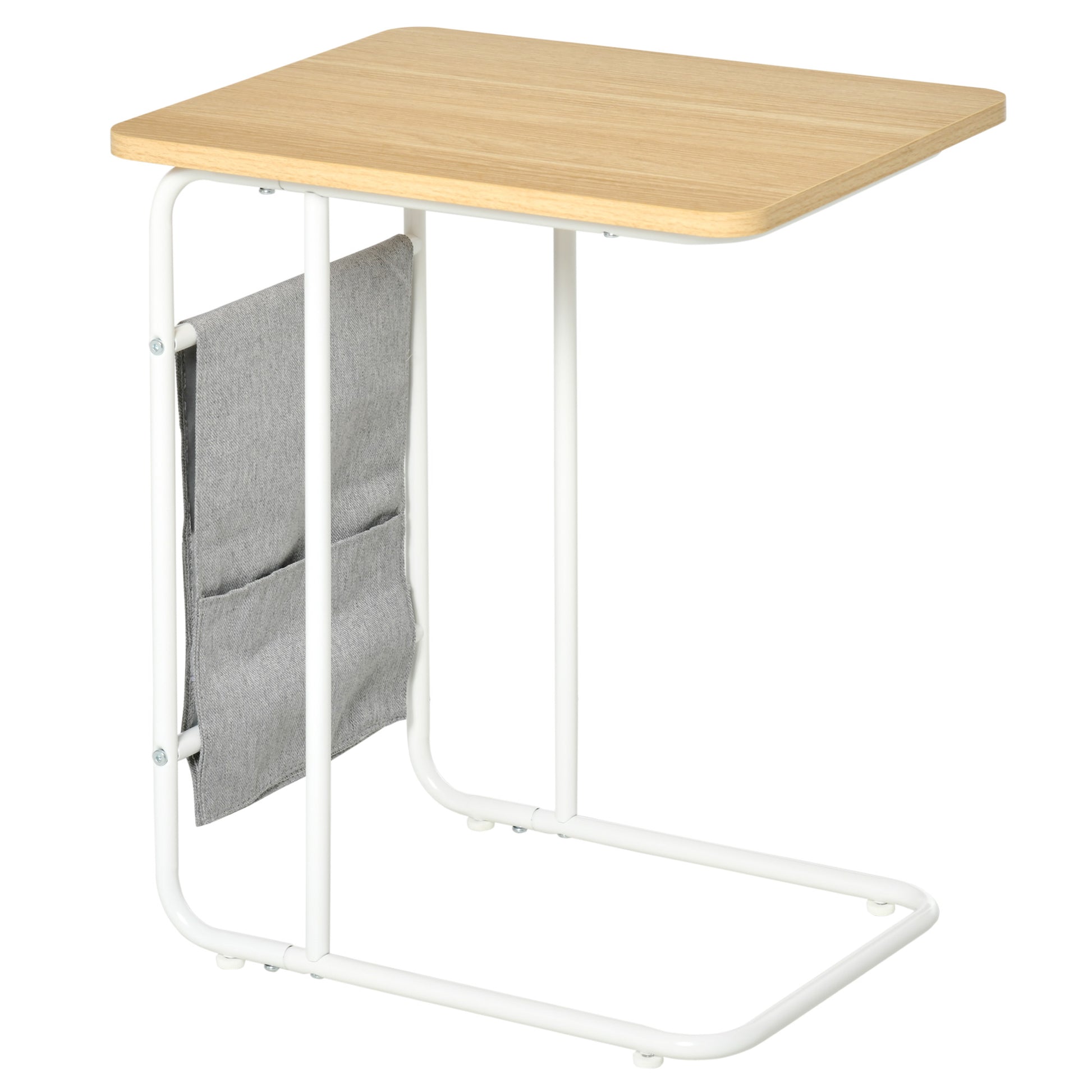 C-Shaped Sofa Side Table with Removable Storage Bag, End Table for Living Room Bedroom Office, 37x48x55.8 cm Oak and White