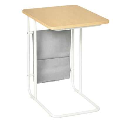 C-Shaped Sofa Side Table with Removable Storage Bag, End Table for Living Room Bedroom Office, 37x48x55.8 cm Oak and White