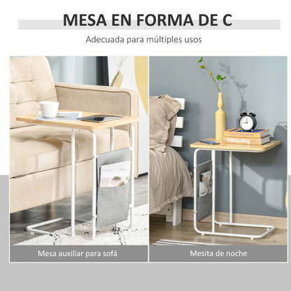C-Shaped Sofa Side Table with Removable Storage Bag, End Table for Living Room Bedroom Office, 37x48x55.8 cm Oak and White