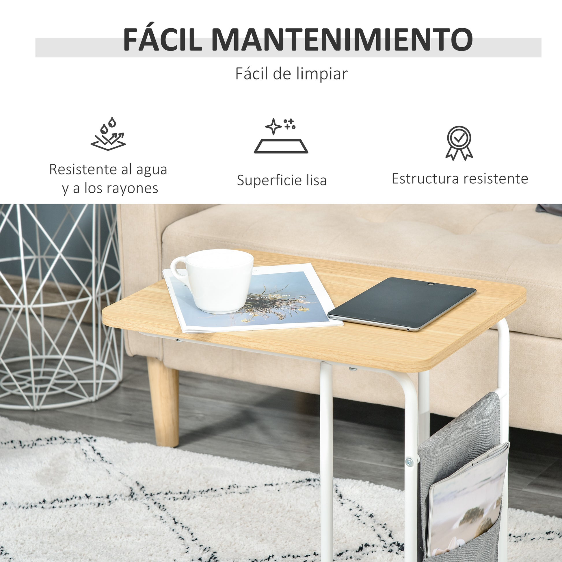 C-Shaped Sofa Side Table with Removable Storage Bag, End Table for Living Room Bedroom Office, 37x48x55.8 cm Oak and White