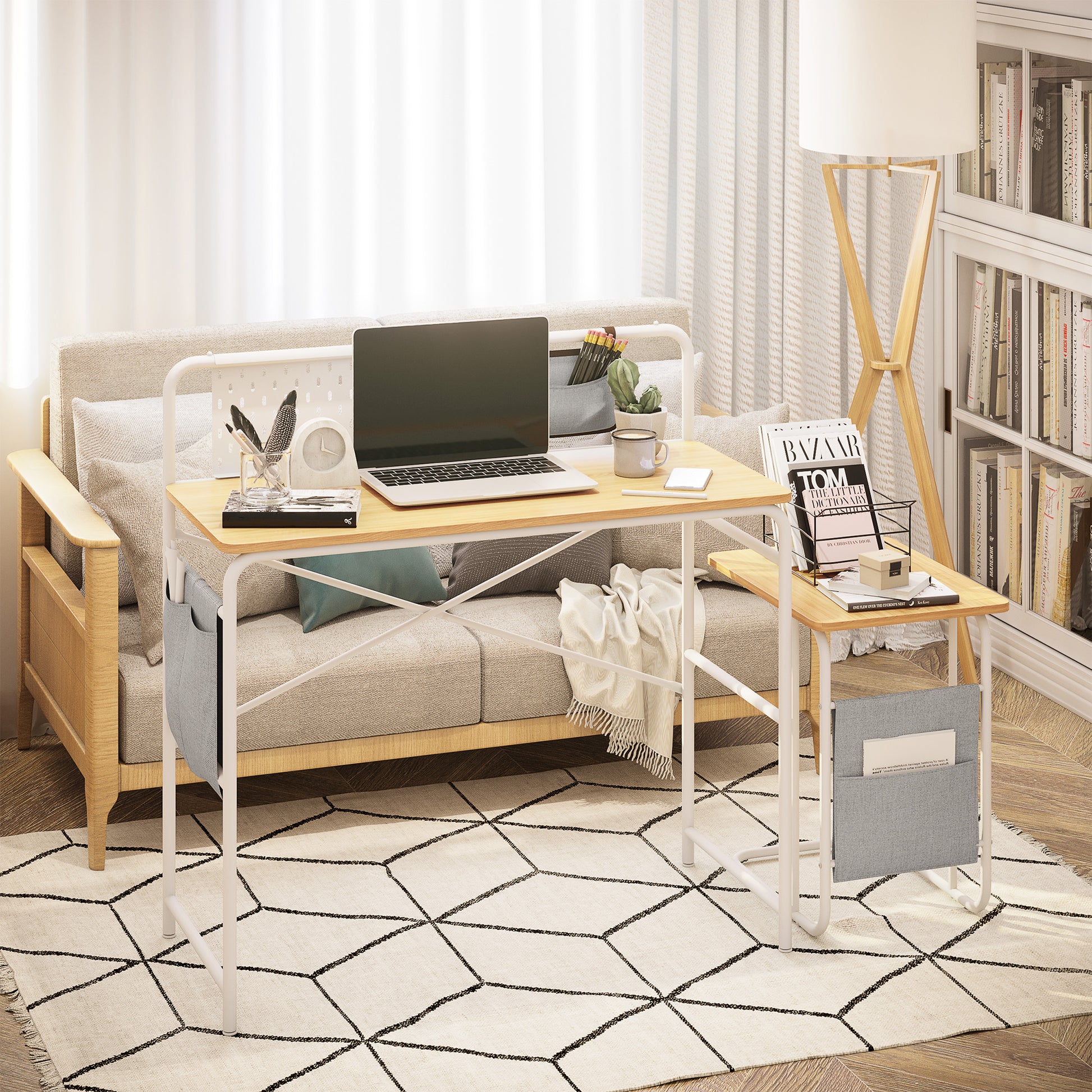 C-Shaped Sofa Side Table with Removable Storage Bag, End Table for Living Room Bedroom Office, 37x48x55.8 cm Oak and White