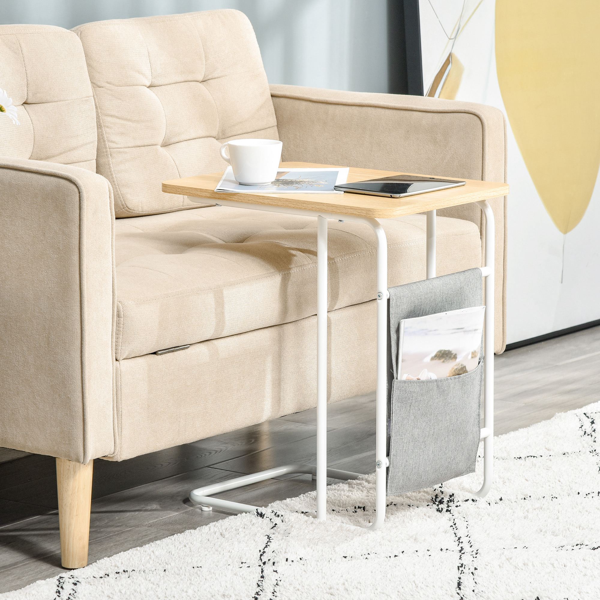 C-Shaped Sofa Side Table with Removable Storage Bag, End Table for Living Room Bedroom Office, 37x48x55.8 cm Oak and White