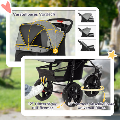 Folding Pet Stroller Dog Buggy for Dogs & Cats up to 10 kg Cat Buggy with Mesh Windows Cup Holder Storage Basket Cat Stroller Buggy Grey