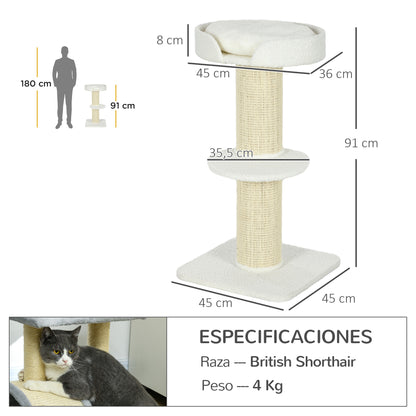 Cat Scratching Tree Height 91 cm Cat Tree 3-Level Cat Tower with Nest Platform and Sisal Post 45x45x91 cm Cream