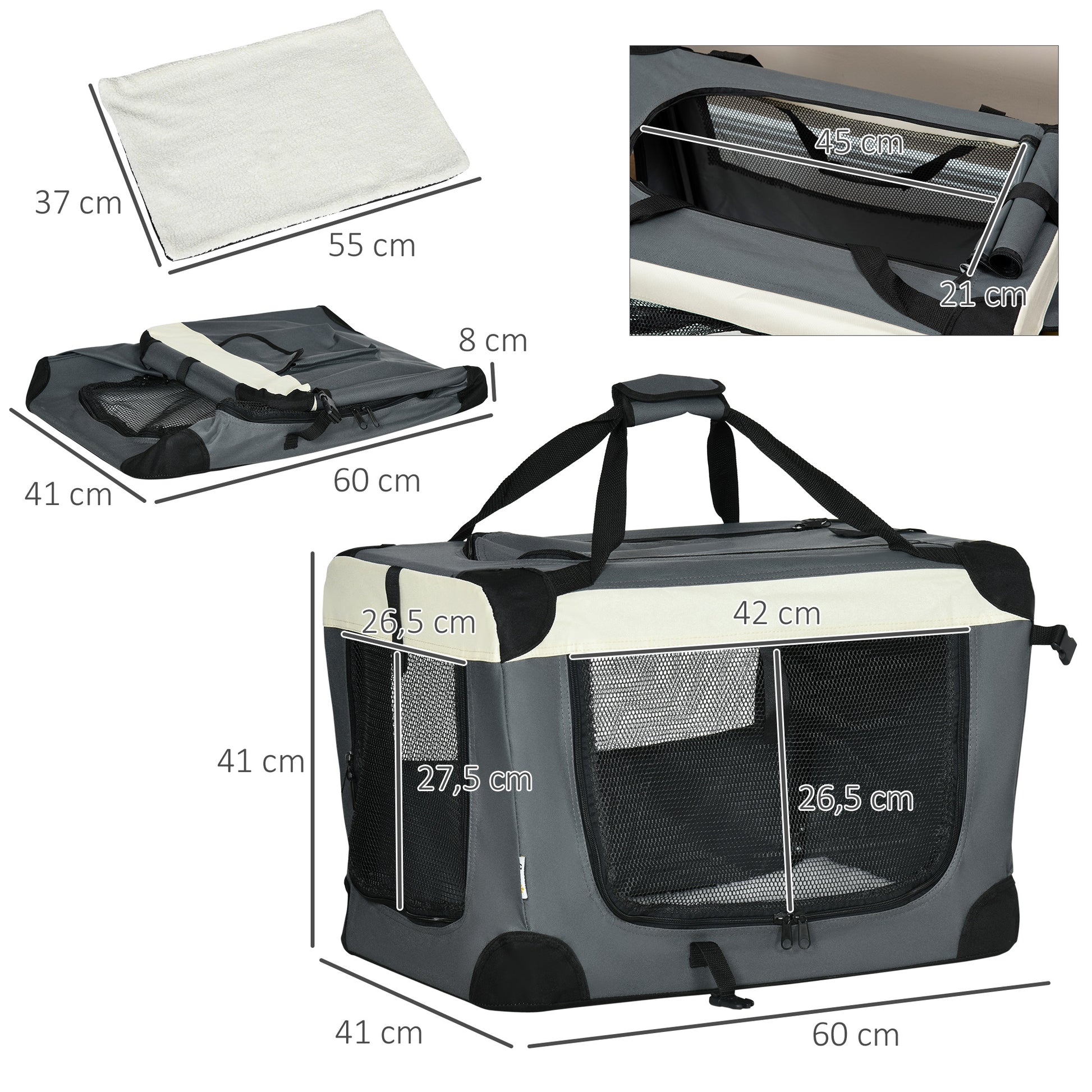 Foldable Dog Carrier 60x41x41 cm Pet Carrier with Windows Soft Cushion and 2 Shoulder Straps Transport Bag for Mini Dogs Cats Gray