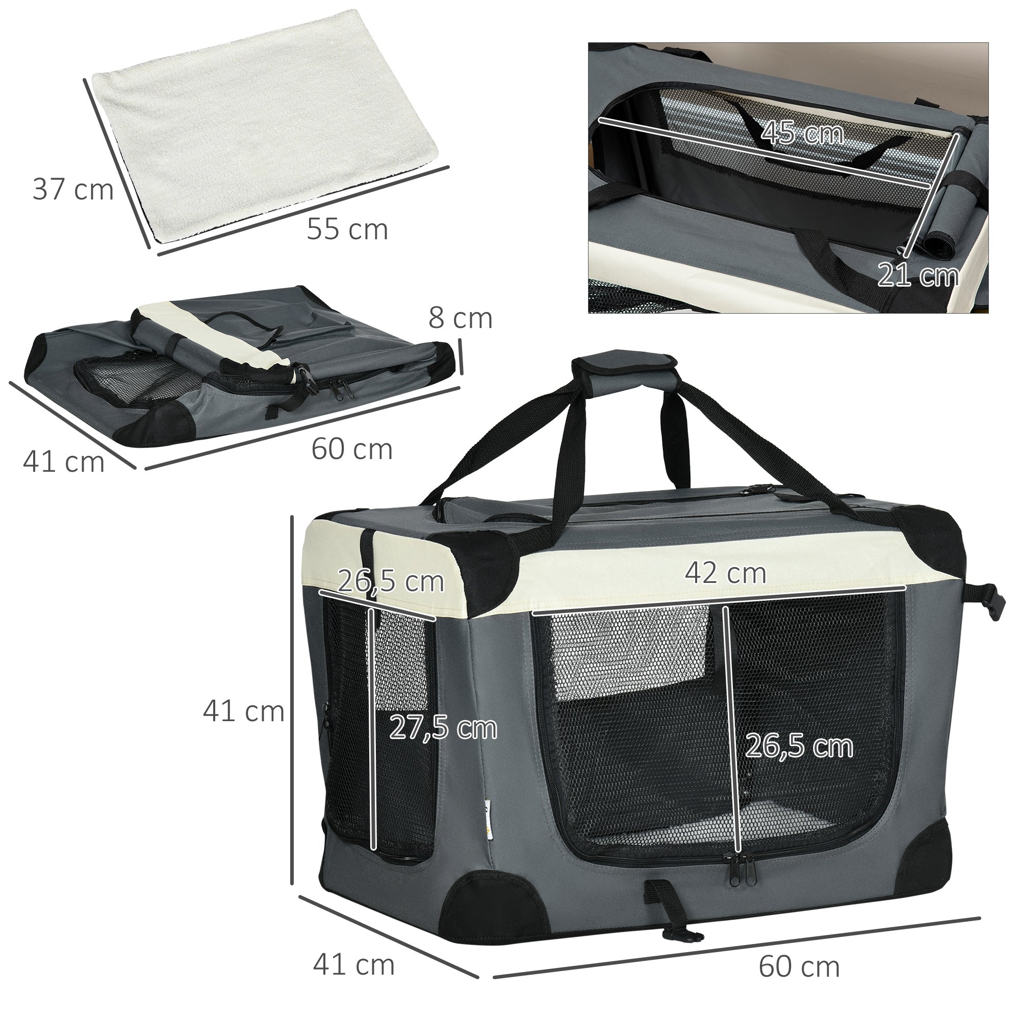 Foldable Dog Carrier 60x41x41 cm Pet Carrier with Windows Soft Cushion and 2 Shoulder Straps Transport Bag for Mini Dogs Cats Gray