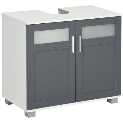 Under Sink Cabinet Bathroom Vanity Unit with 2 Tempered Glass Doors and Adjustable Shelf 69x35x59 cm White and Grey