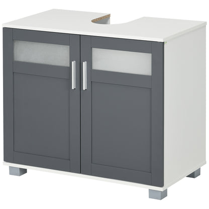 Under Sink Cabinet Bathroom Vanity Unit with 2 Tempered Glass Doors and Adjustable Shelf 69x35x59 cm White and Grey