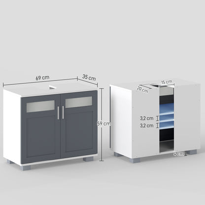 Under Sink Cabinet Bathroom Vanity Unit with 2 Tempered Glass Doors and Adjustable Shelf 69x35x59 cm White and Grey