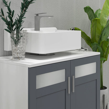 Under Sink Cabinet Bathroom Vanity Unit with 2 Tempered Glass Doors and Adjustable Shelf 69x35x59 cm White and Grey