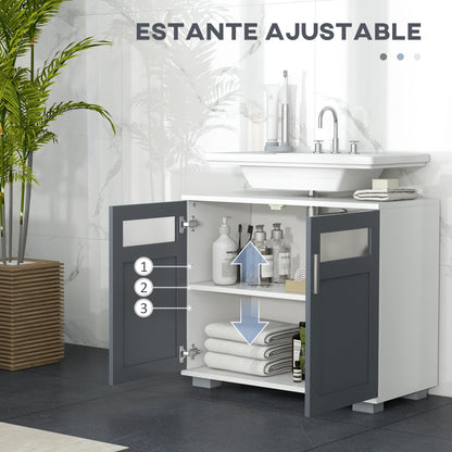 Under Sink Cabinet Bathroom Vanity Unit with 2 Tempered Glass Doors and Adjustable Shelf 69x35x59 cm White and Grey